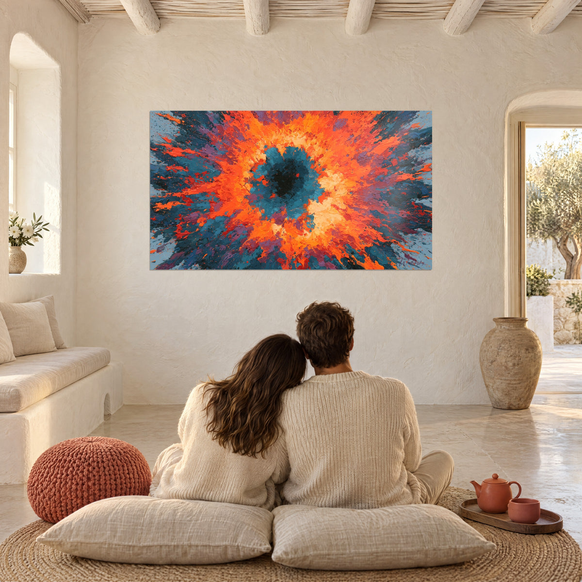 Tableau corolle de flammes orange autour d'un cœur noir, couple enlacé de dos sur des coussins, salon méditerranéen lumineux