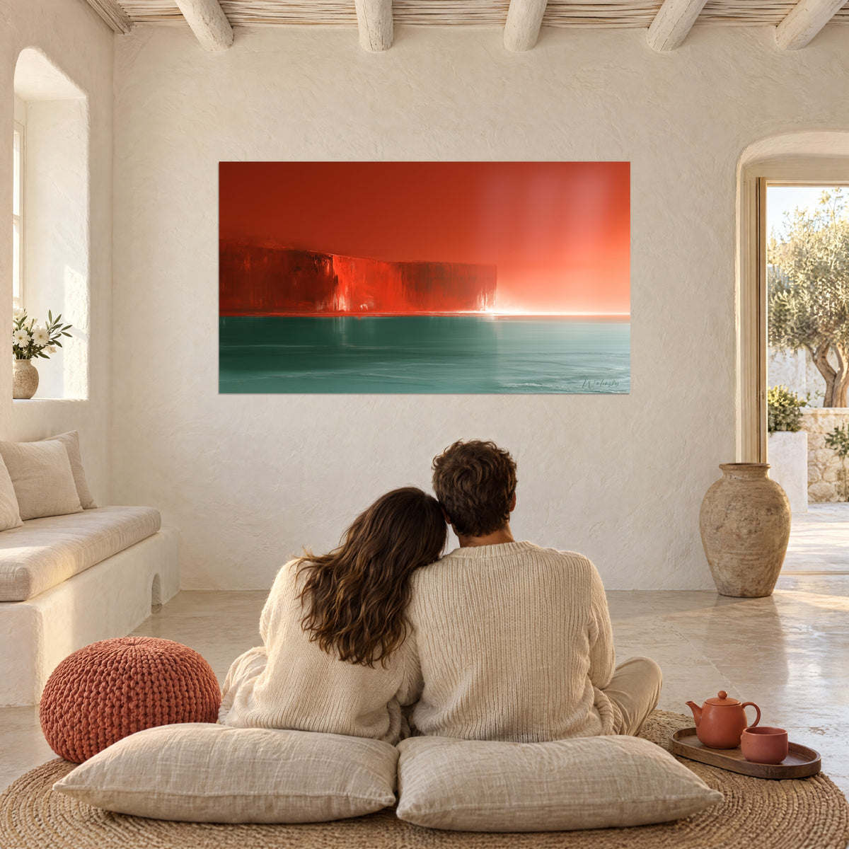 Tableau bloc de roche carmin plongeant dans une mer sarcelle sous un ciel ambré, couple de dos assis sur des coussins au sol