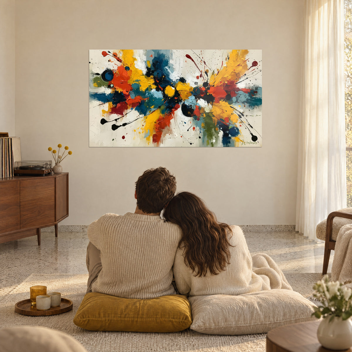 Tableau feu d'artifice de pigments jaune safran et bleu nuit, traînées noires, couple enlacé de dos sur des coussins