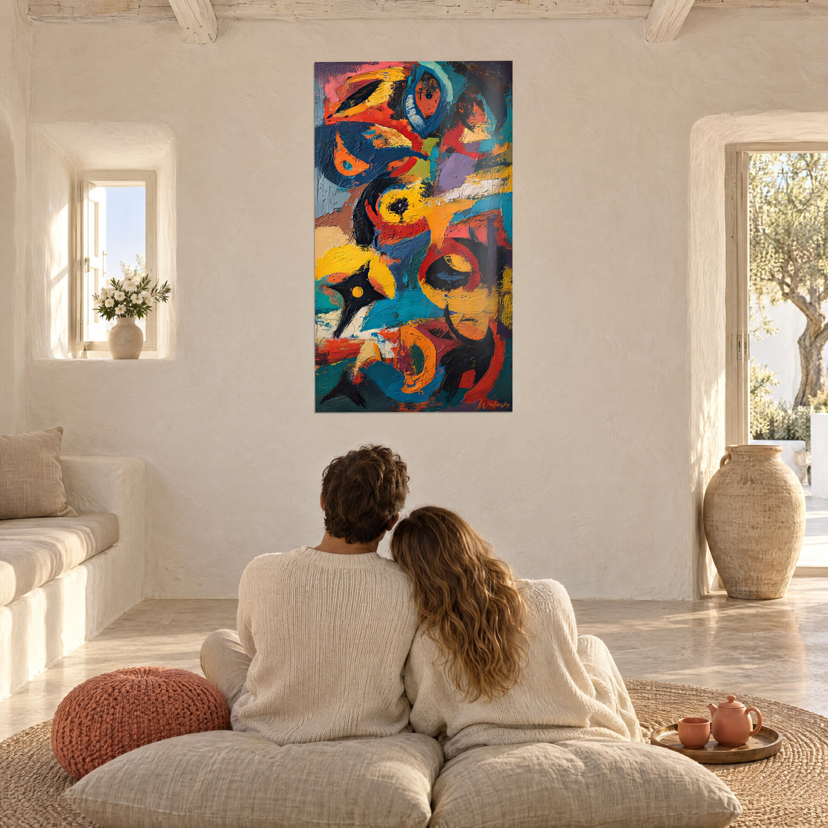 Cuadro vibrante obra abstracta en rojo, amarillo y turquesa, pareja abrazada de espaldas sobre cojines, salón blanco abovedado, casa mediterránea