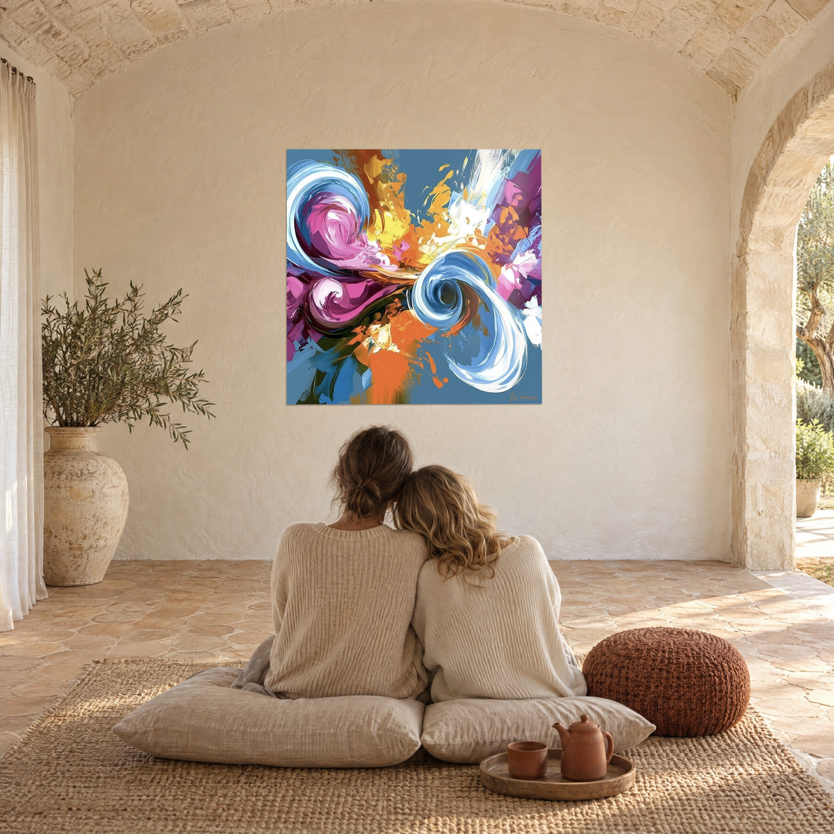 Tableau peinture au couteau en spirales bleues et orangées, reflets blancs, deux personnes enlacées de dos sur des coussins beiges
