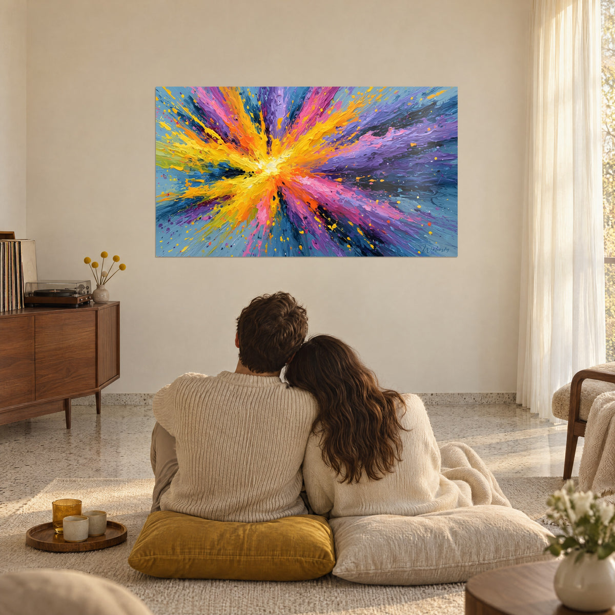 Schilderij gouden lichtexplosie doorstriept met violet en turquoise, een koppel van achteren zittend op mosterdgele kussens