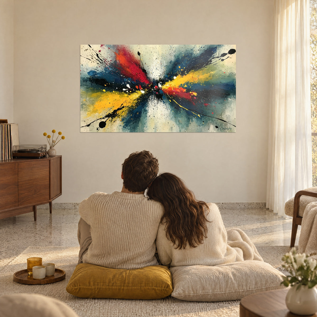 Tableau collision de traînées écarlates, dorées et bleu encre, gouttes noires, face à un couple assis sur des coussins au sol