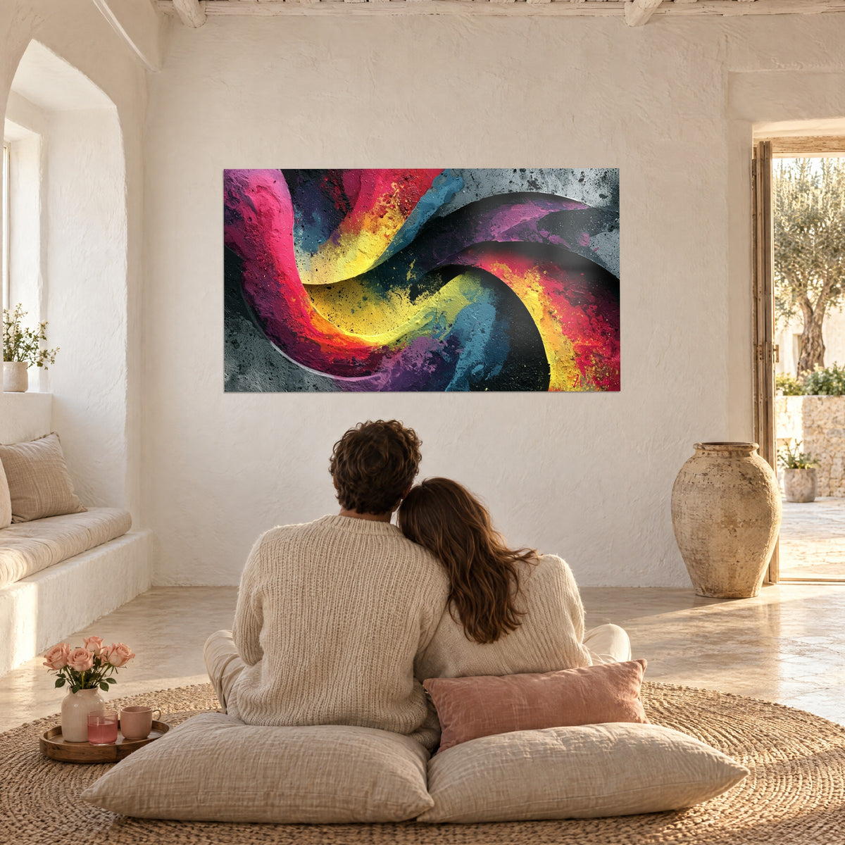 Tableau spirale peinte magenta, jaune et bleu pétrole, couple de dos sur coussins beiges, maison méditerranéenne