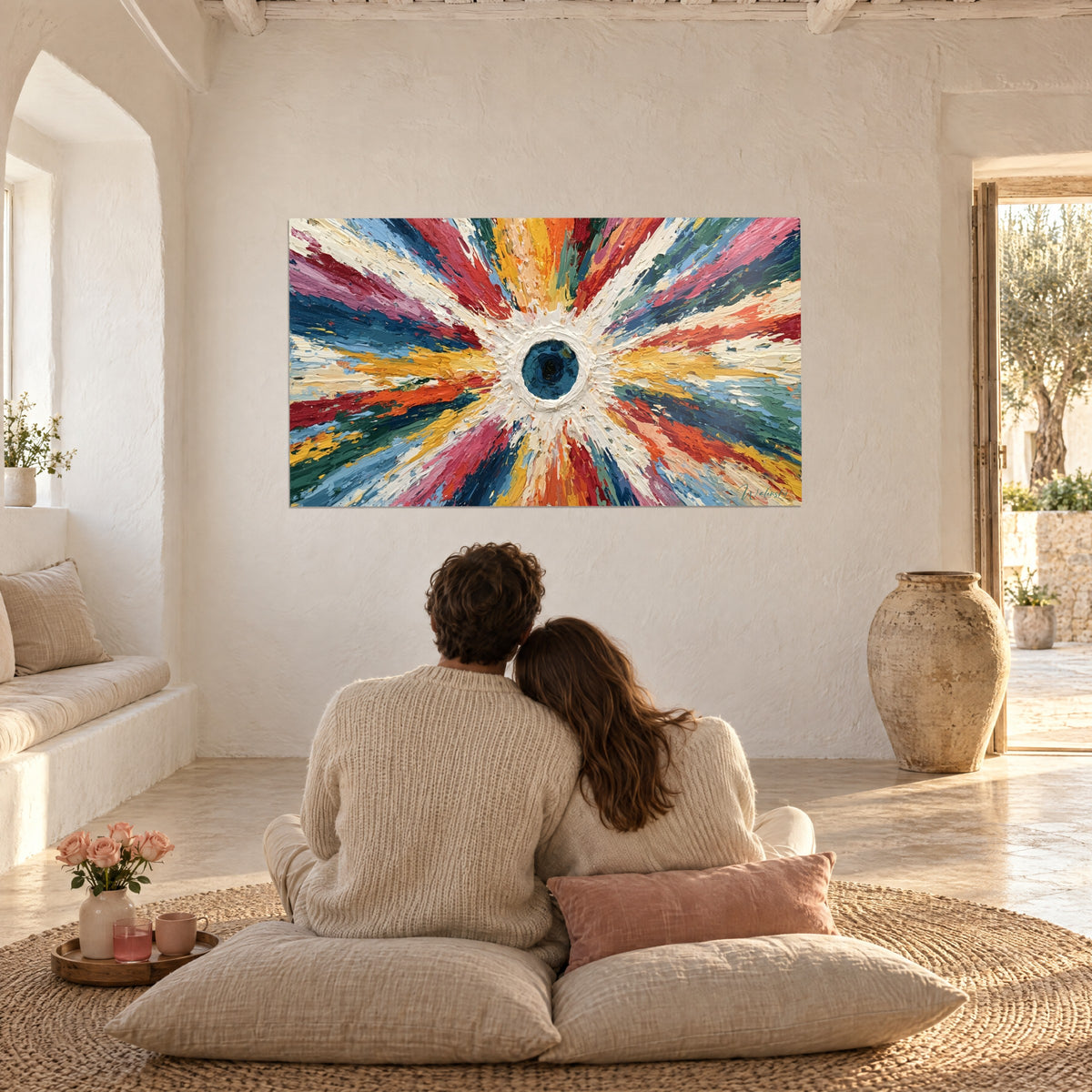 Tableau mandala peint en rayons vermillon, jaune et vert, noyau bleu nuit, un couple de dos enlacé sur des coussins en lin beige