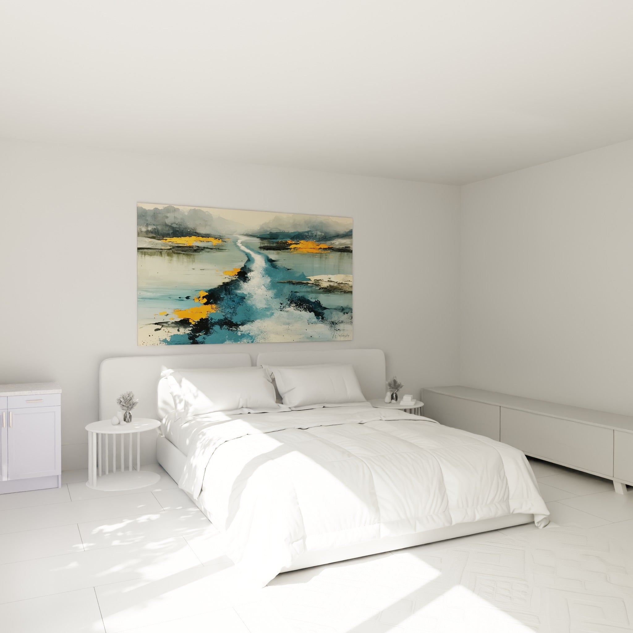 Courant bleu pétrole et touches orangées vif, au-dessus d'un lit dans une chambre claire