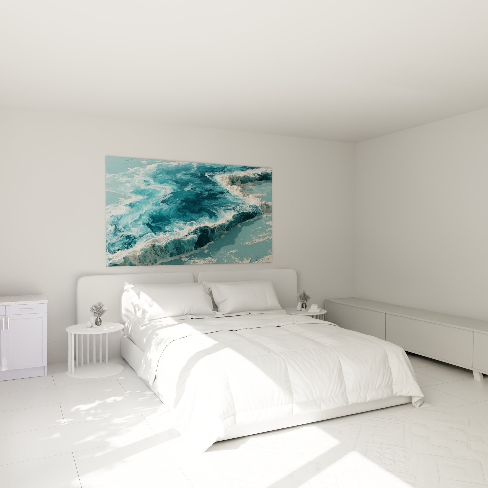 Courant turquoise et écume blanche du style peinture abstrait au-dessus d'un lit dans une chambre claire