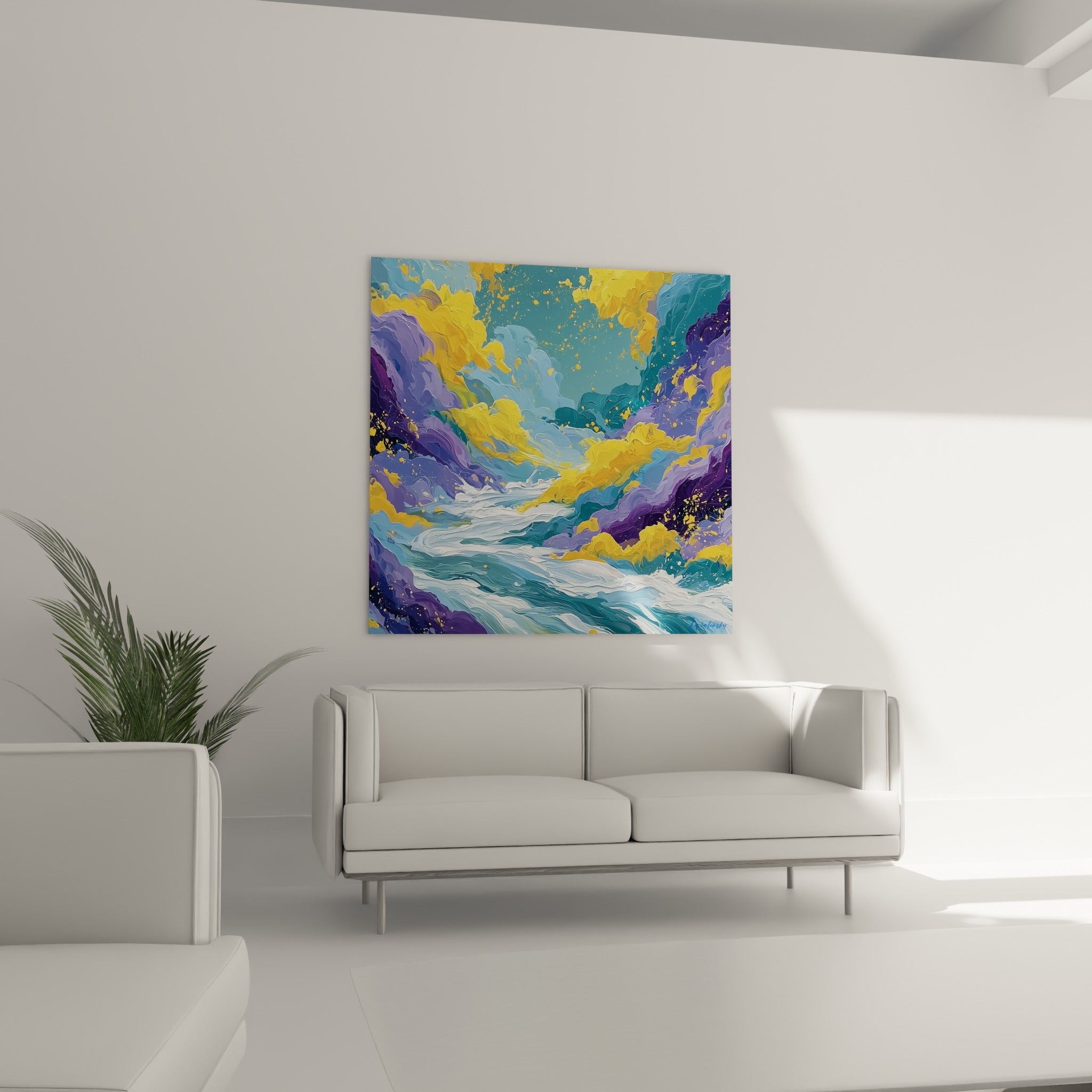 Courant turquoise et doré du style Peinture abstrait au-dessus d'un canapé dans un salon lumineux
