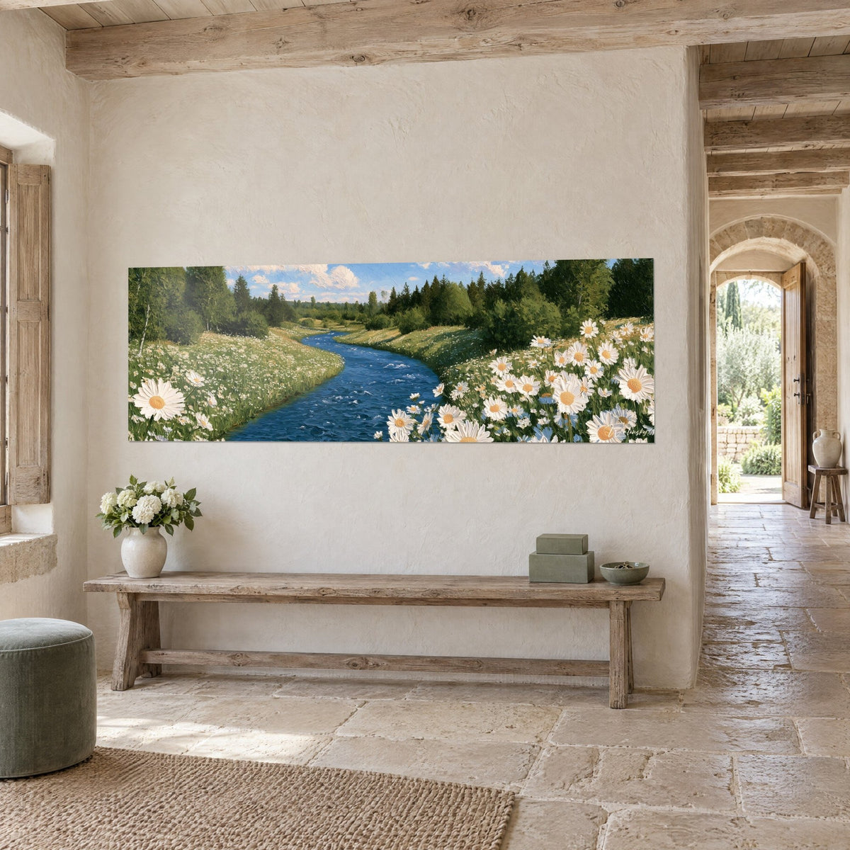 Wall art of a cobalt stream lined with dark fir trees and white flowers with ochre centers, three-quarter view, stone hallway