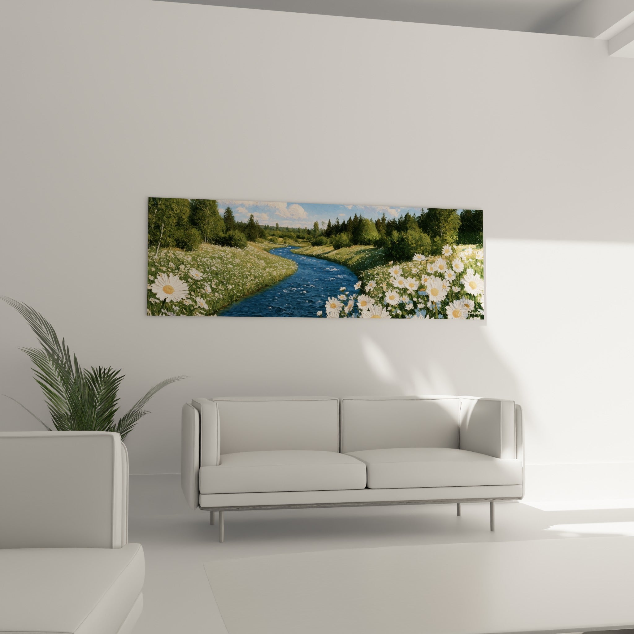 Cours d'eau turquoise bordé de fleurs blanches et vertes, disposé au-dessus d'un canapé dans un salon lumineux