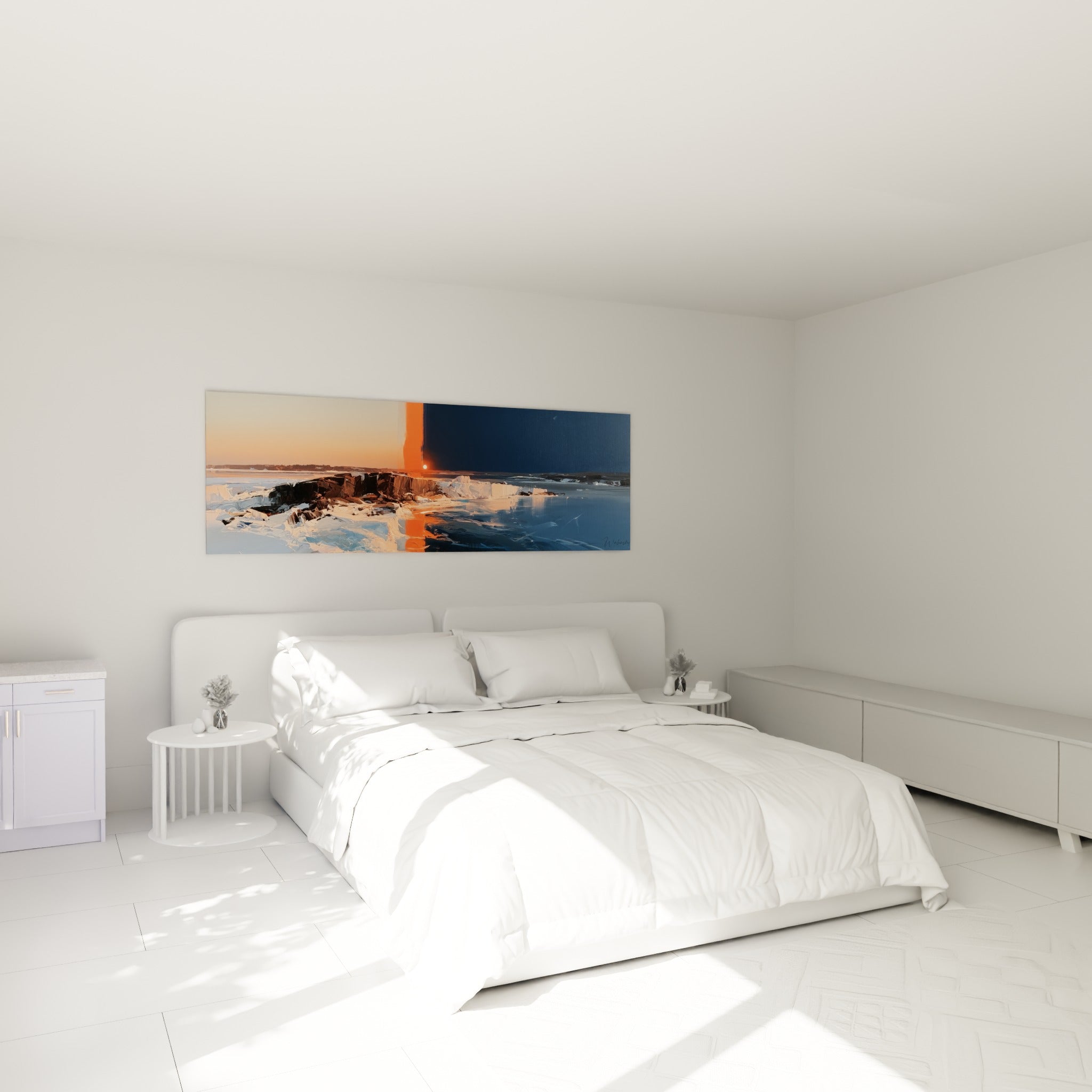 Banquise orange et bleu marine du style Peinture abstrait, au-dessus d'un lit dans une chambre claire