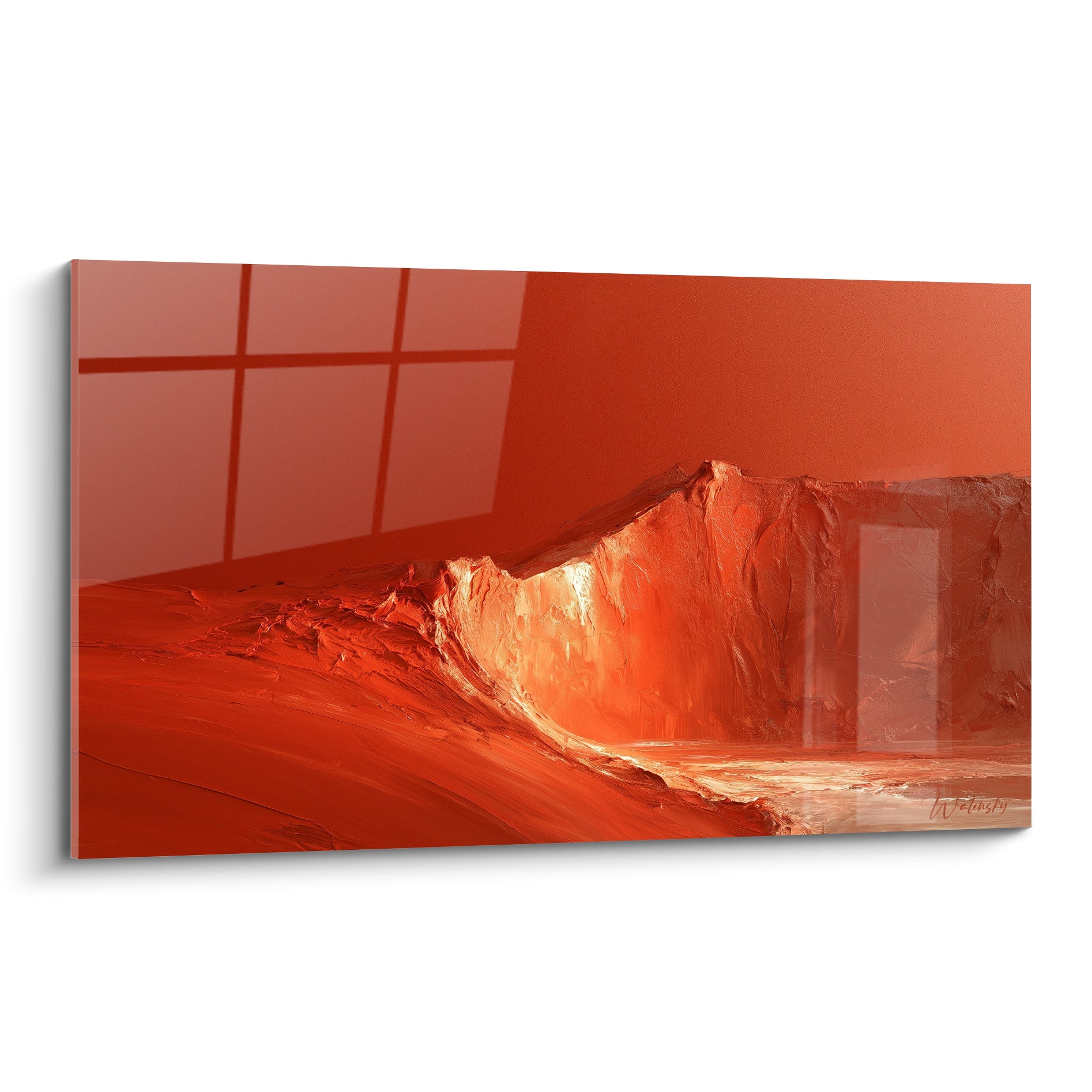 Crête rocheuse abstraite en rouge terracotta et orangé doré, empâtements texturés en pleine lumière