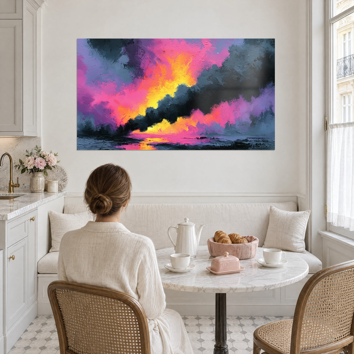 Wall art eruption of sun-yellow flames and powdery violet, facing a woman seen from behind in a corner Haussmann kitchen