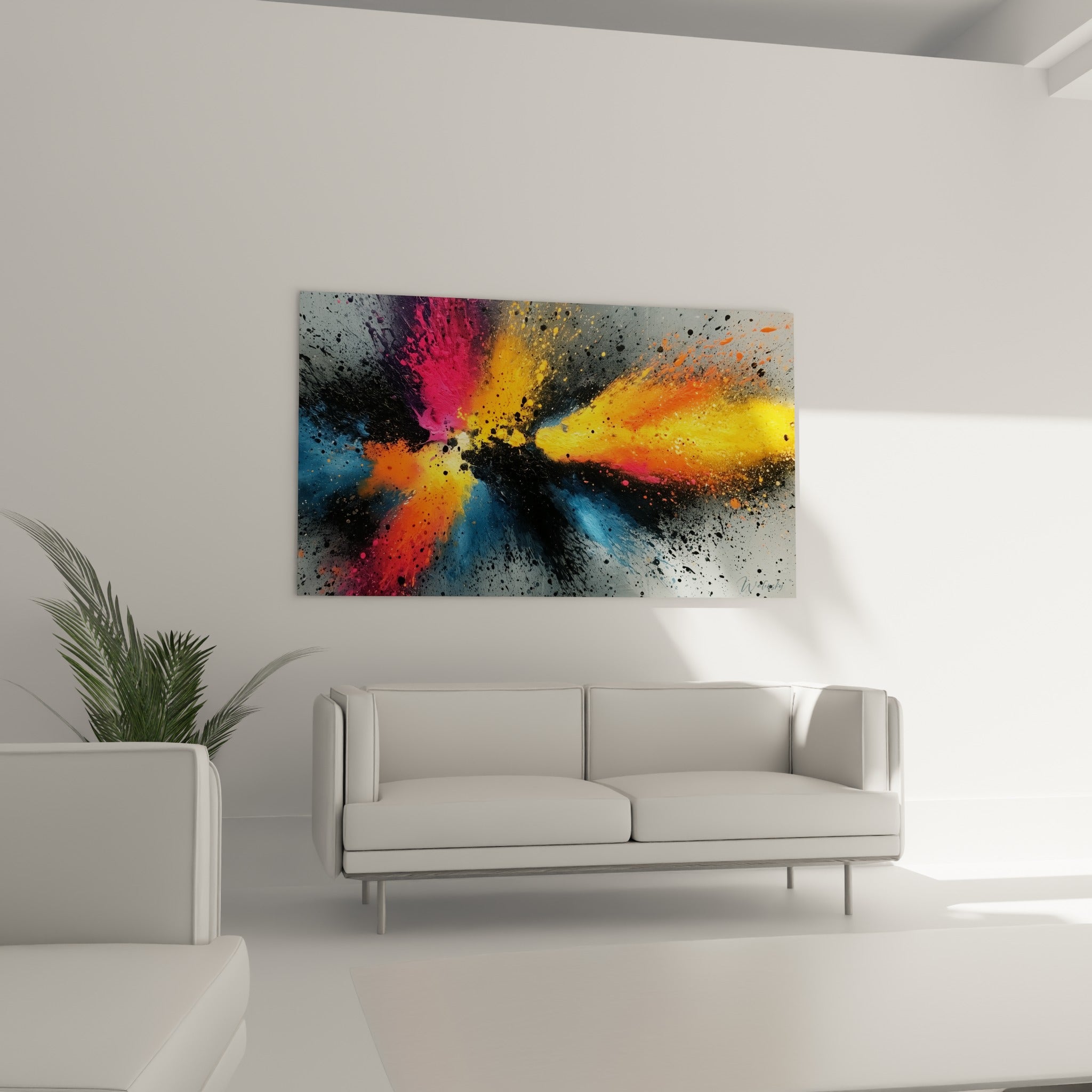 Éclat pictural noir et orange du tableau style Peinture abstrait, au-dessus d'un canapé dans un salon lumineux