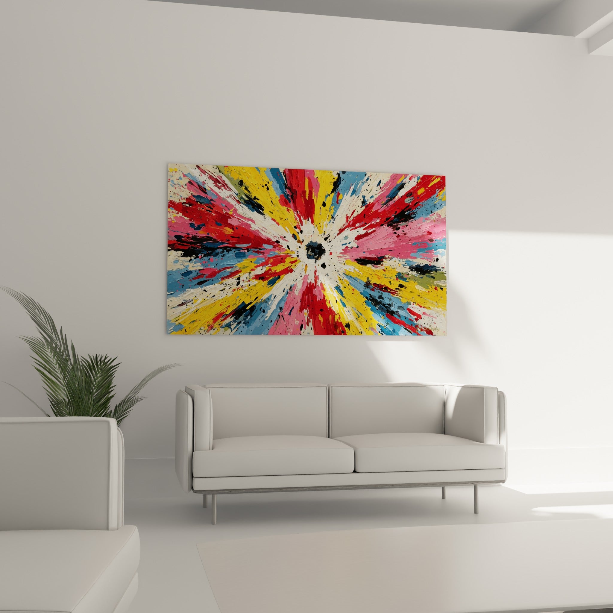 Déflagration chromatique rouge et bleue en spatule épaisse, style Peinture abstrait, au-dessus d'un canapé dans un salon lumineux