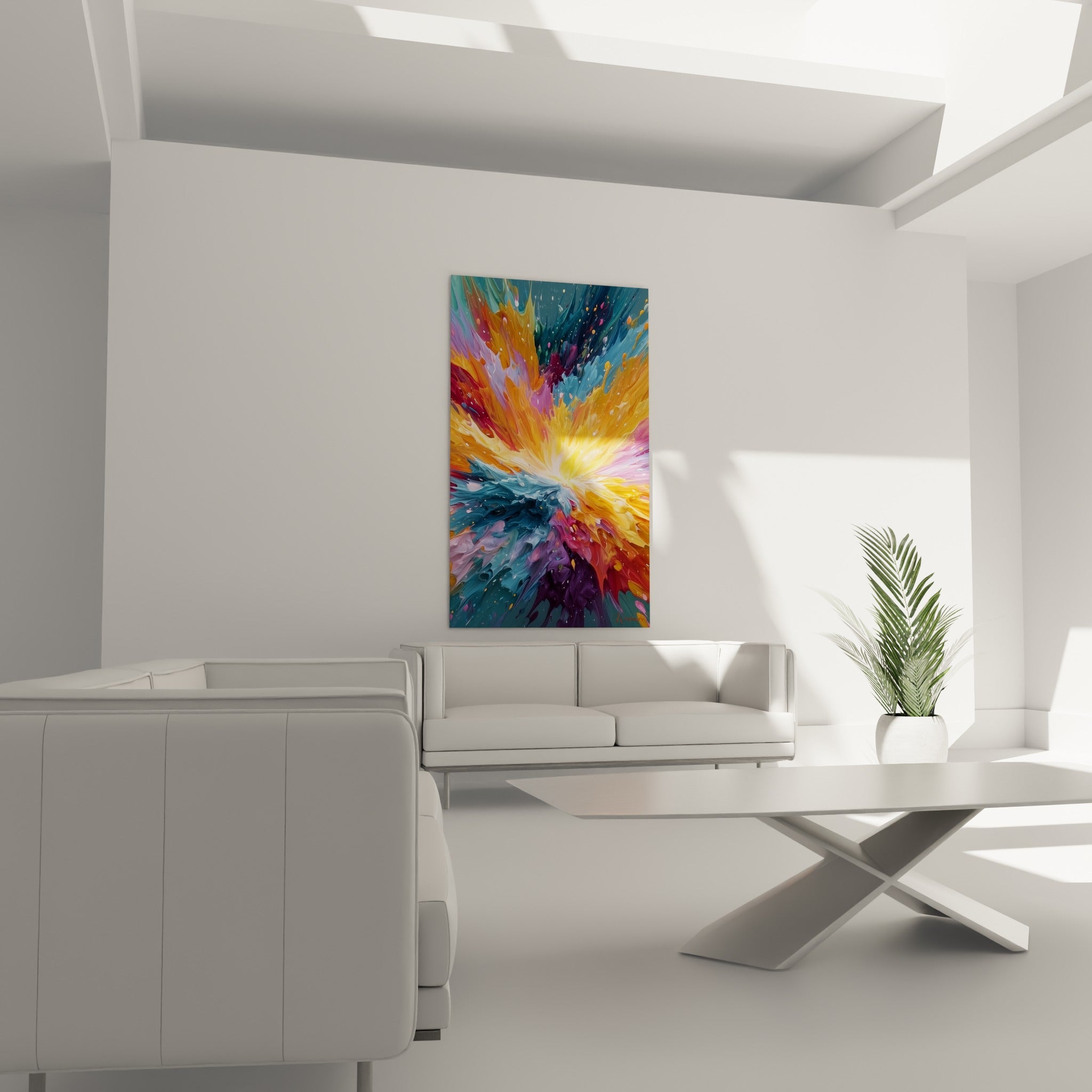 Jaillissement pictural jaune et violet, composition abstraite au-dessus d'un canapé dans un salon lumineux