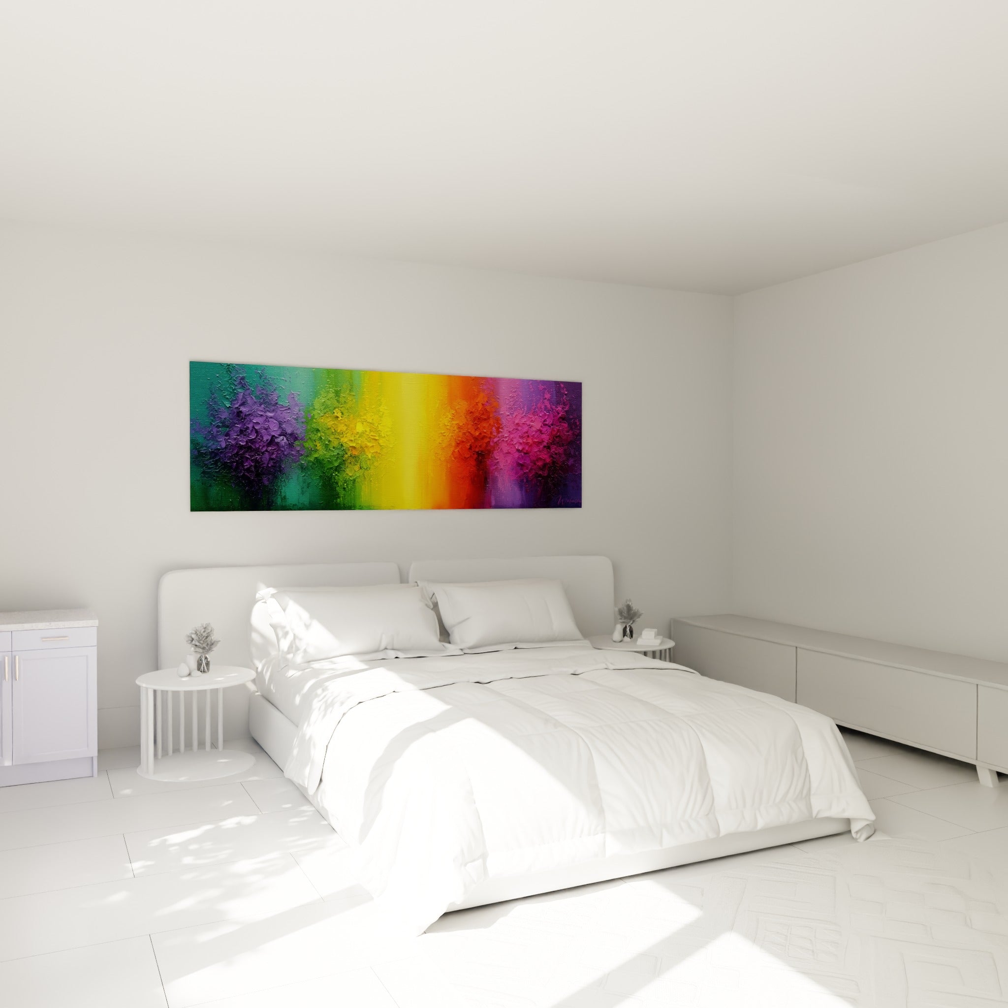 Dégradé arc-en-ciel de ce tableau style Peinture abstrait accroché au-dessus d'un lit dans une chambre claire