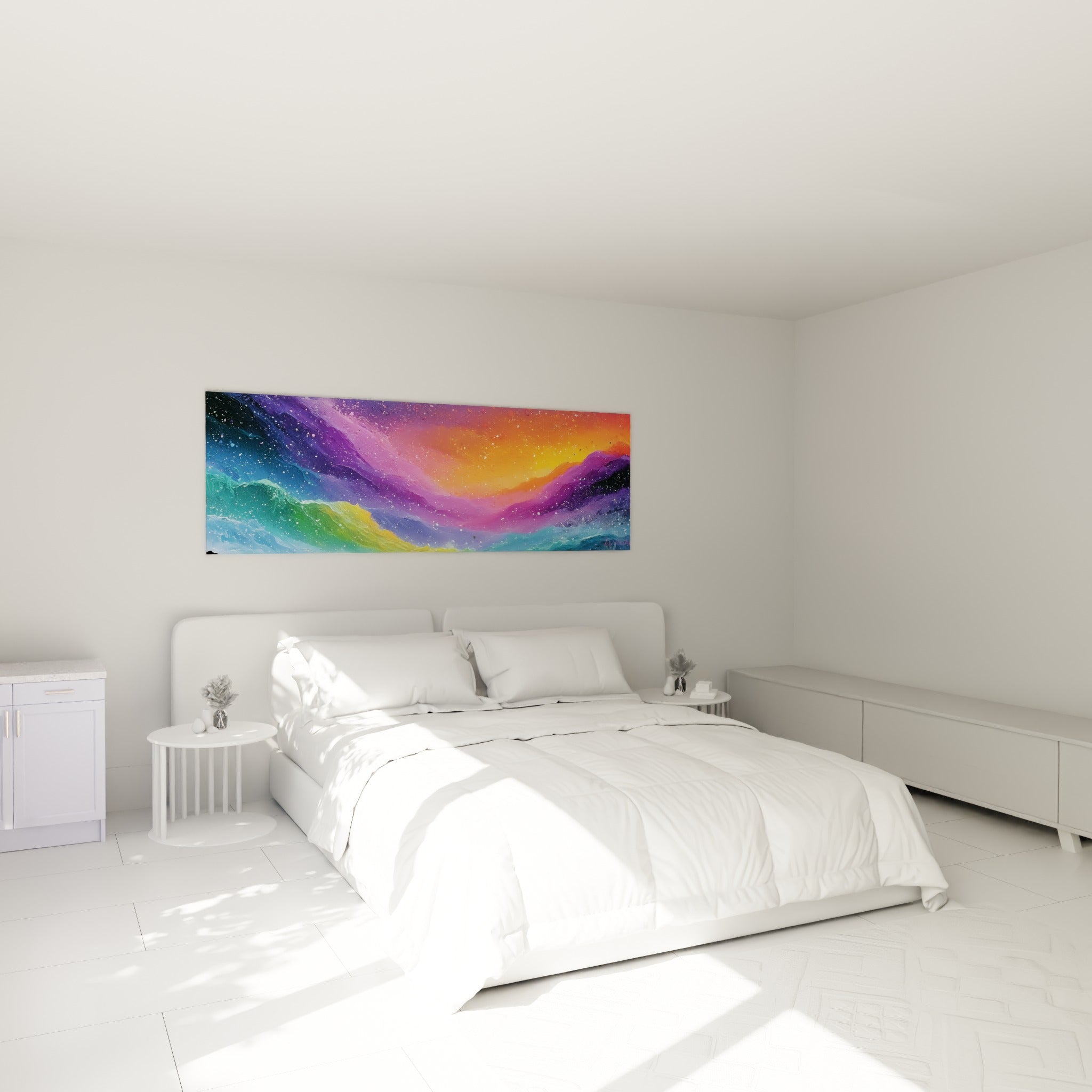 Déferlante violette et dorée du style Peinture abstrait accrochée au-dessus d'un lit dans une chambre claire