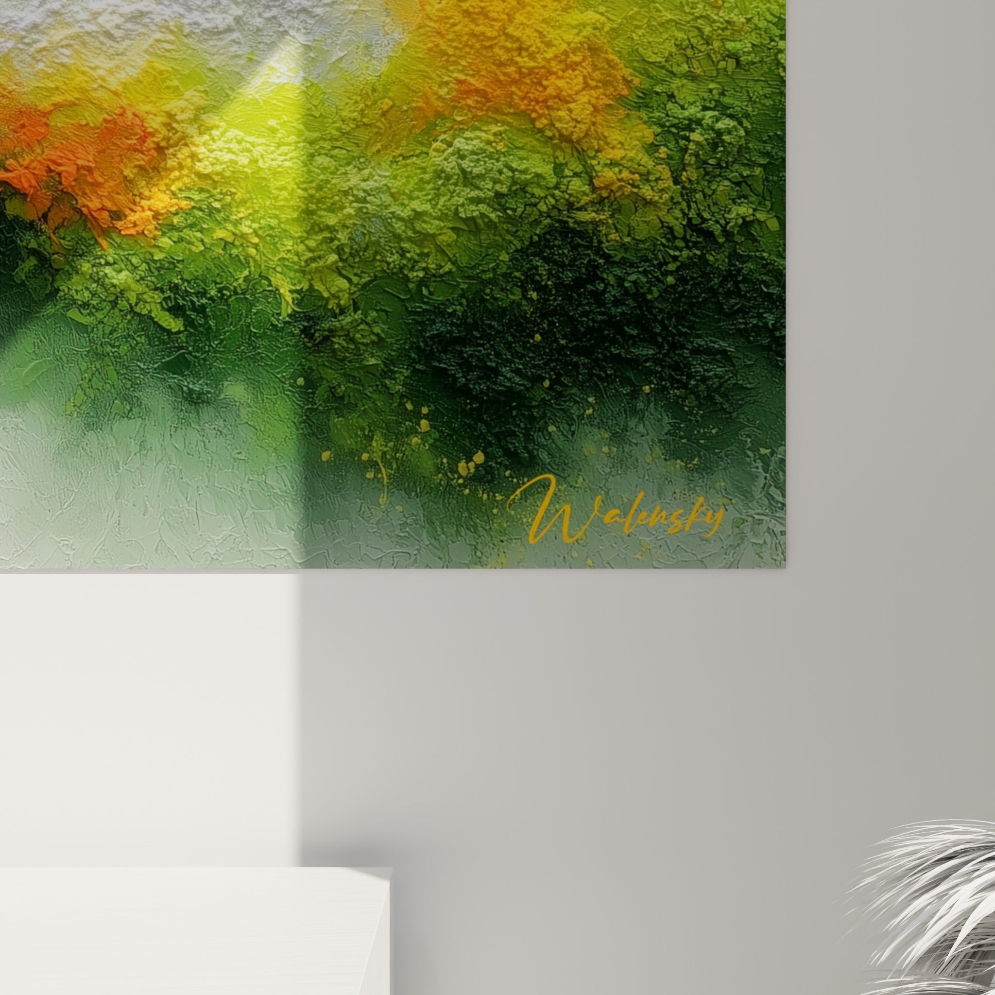Détail des empâtements orange, vert et blanc crayeux d'un tableau style Peinture abstrait