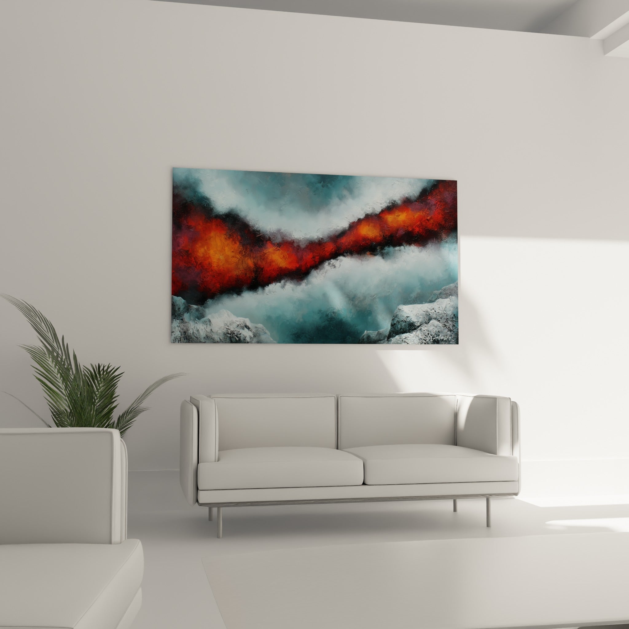 Diagonale ardente orange et noire sur fond glacier, disposée au-dessus d'un canapé dans un salon lumineux