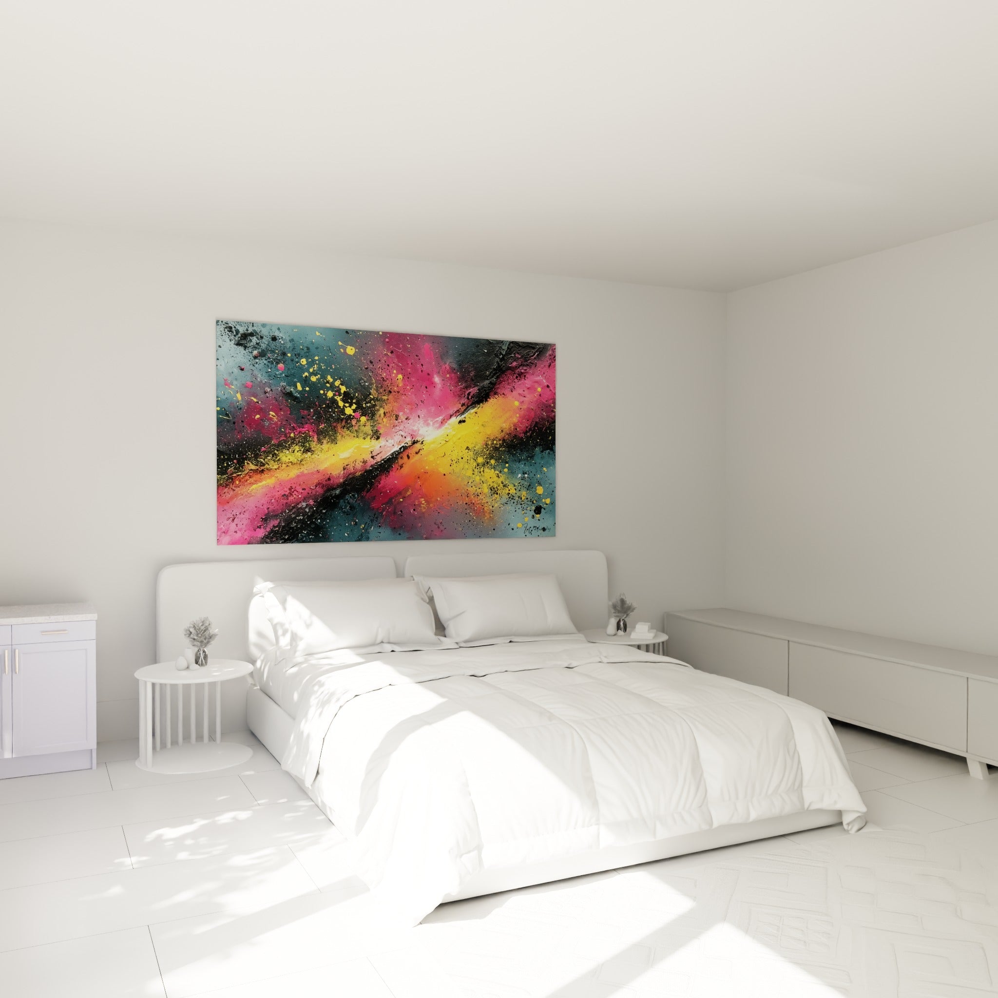 Diagonale dorée et rose éclatante, tableau style Peinture abstrait au-dessus d'un lit dans une chambre claire