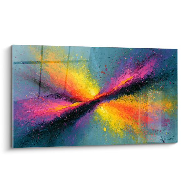 Tableau Explosion diagonale bleu sarcelle et fuchsia - Collision énergétique - Edition style Peinture abstrait
