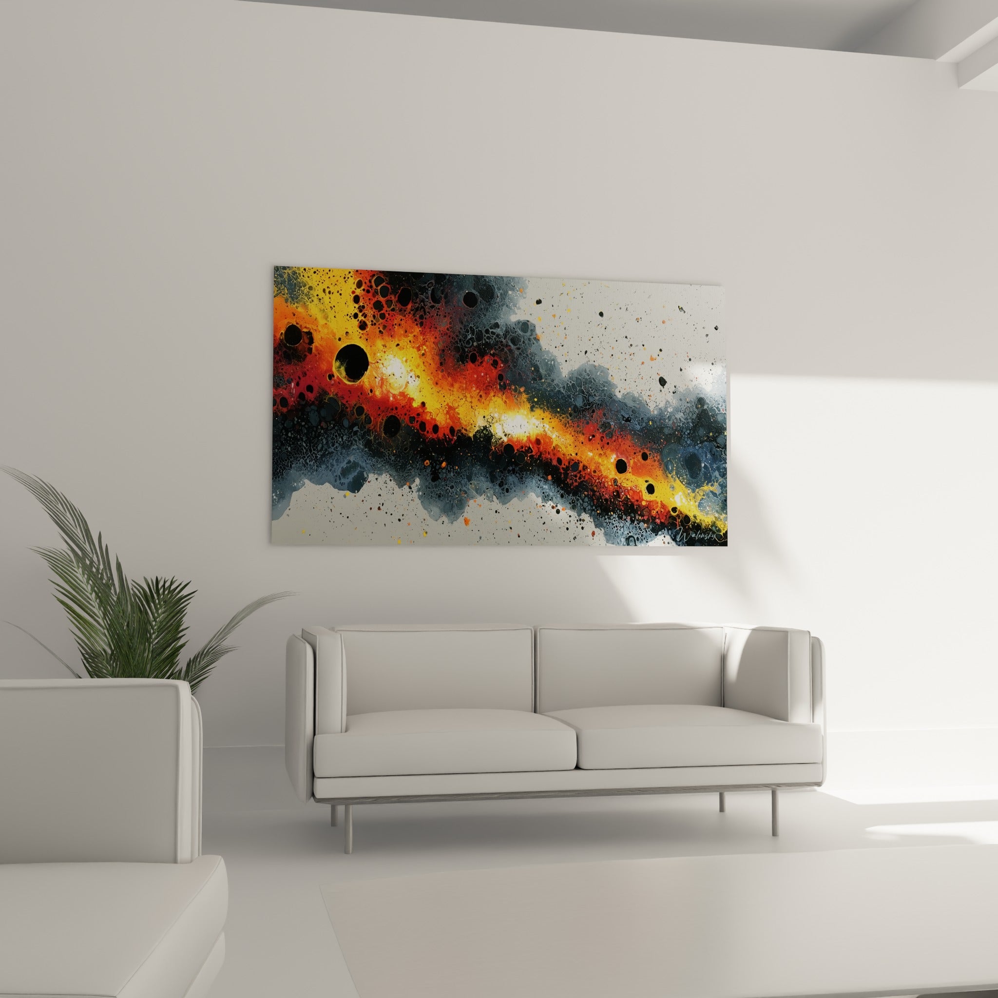 Diagonale incandescente orange et anthracite disposée au-dessus d'un canapé dans un salon lumineux