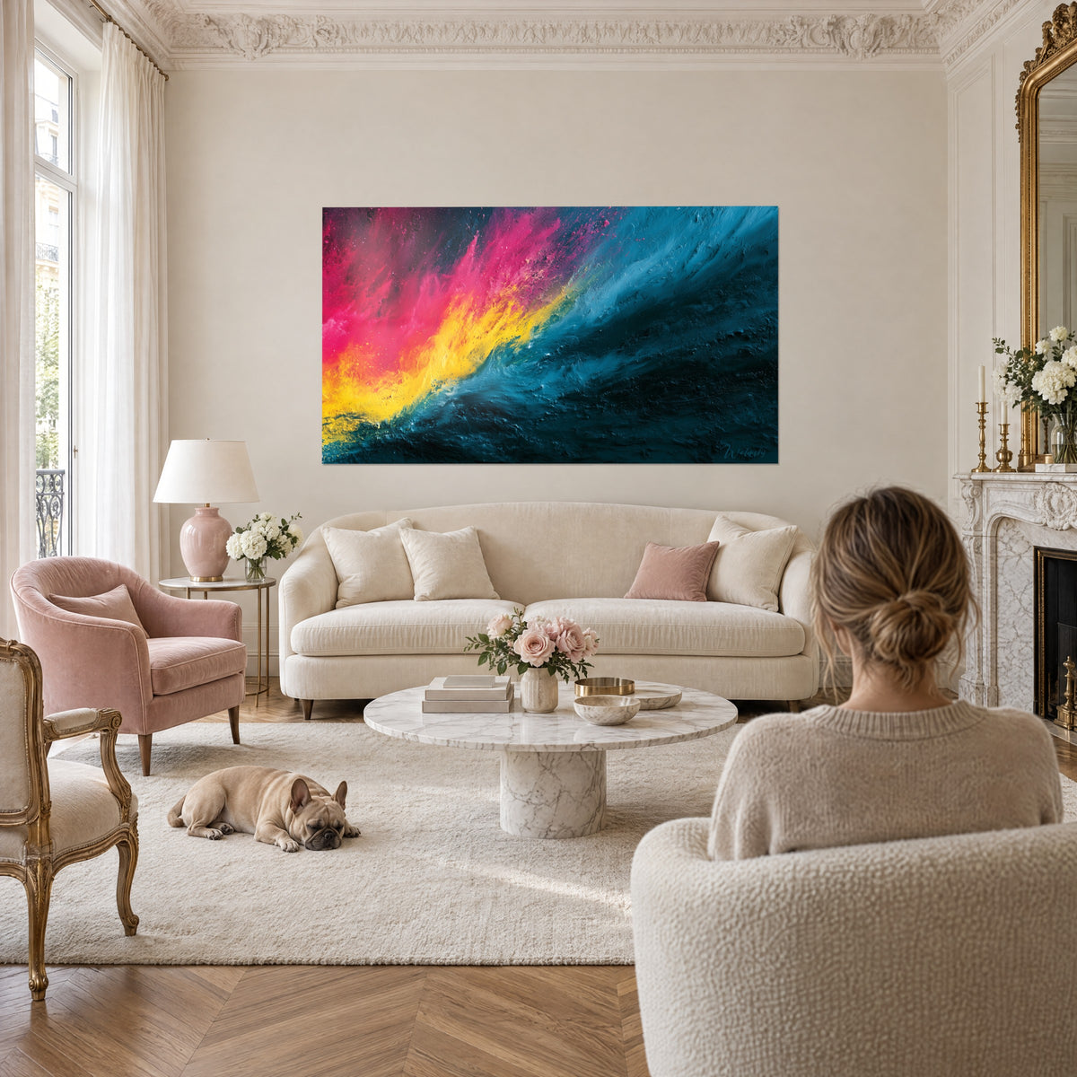 Cuadro ramo fucsia y amarillo limón que brota sobre un fondo azul marino, colgado encima de un sofá en un salón luminoso