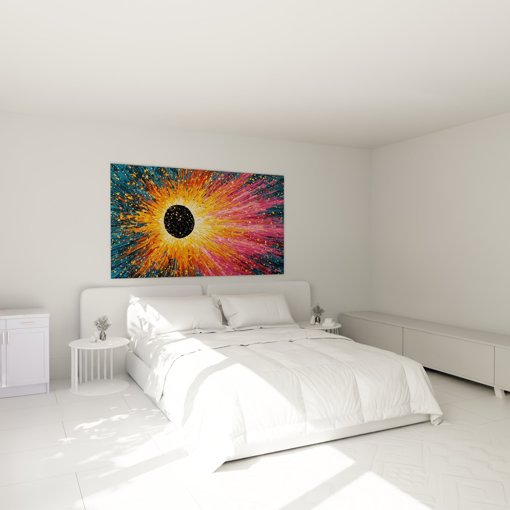 Disque noir cerclé d'or et de rose, style Peinture abstrait au-dessus d'un lit dans une chambre claire