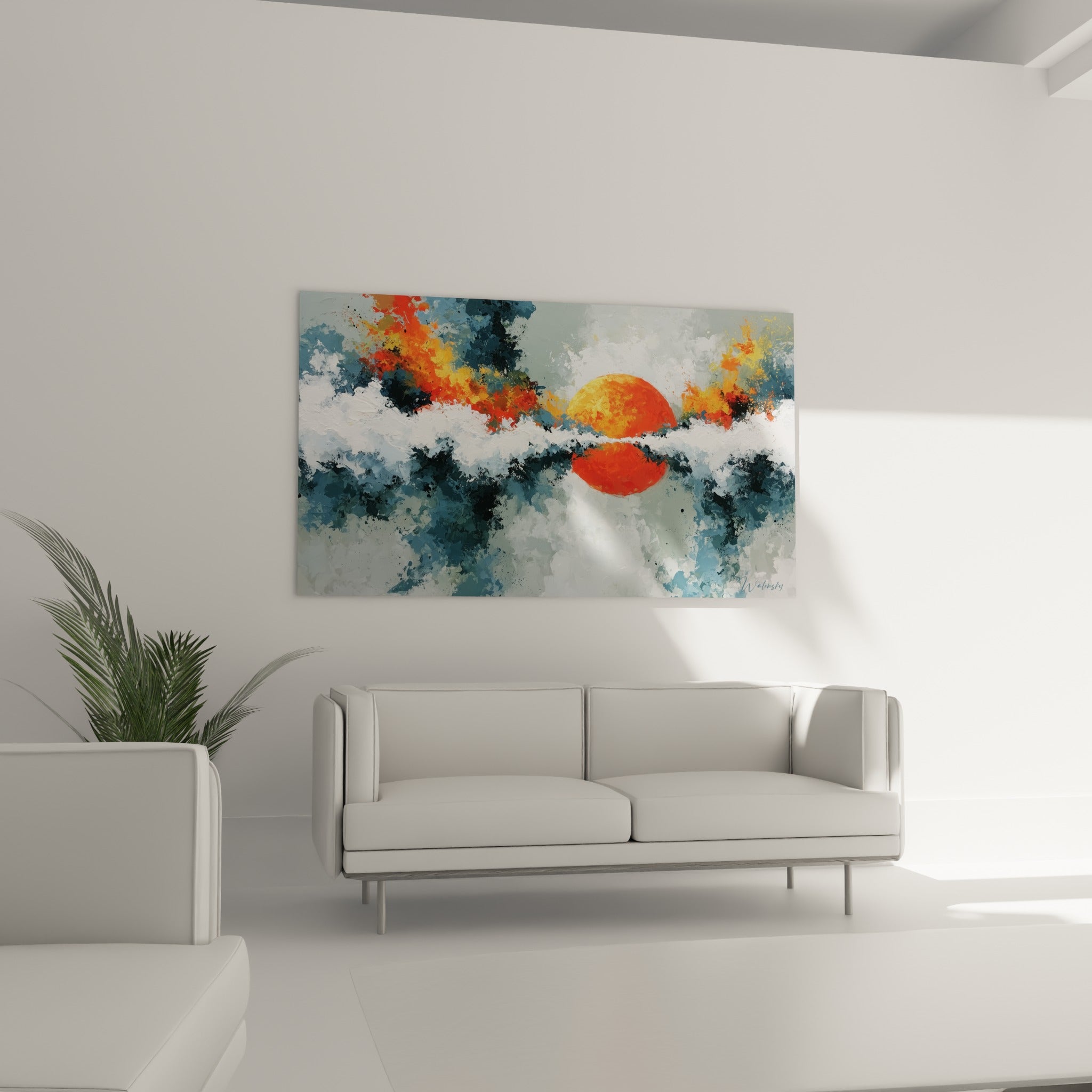 Disque rouge orangé émergeant d'une mer anthracite, tableau style Peinture abstrait au-dessus d'un canapé dans un salon lumineux