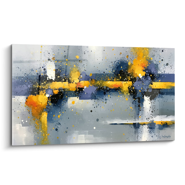 Tableau Éclaboussures dorées et bleues sur bandes horizontales - Étincelles suspendues - Edition style Peinture abstrait