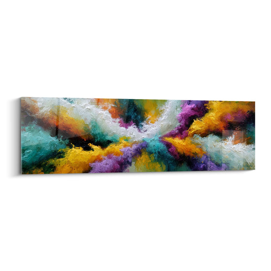Explosion abstraite dorée et turquoise aux touches violettes, empâtements épais sur toile panoramique