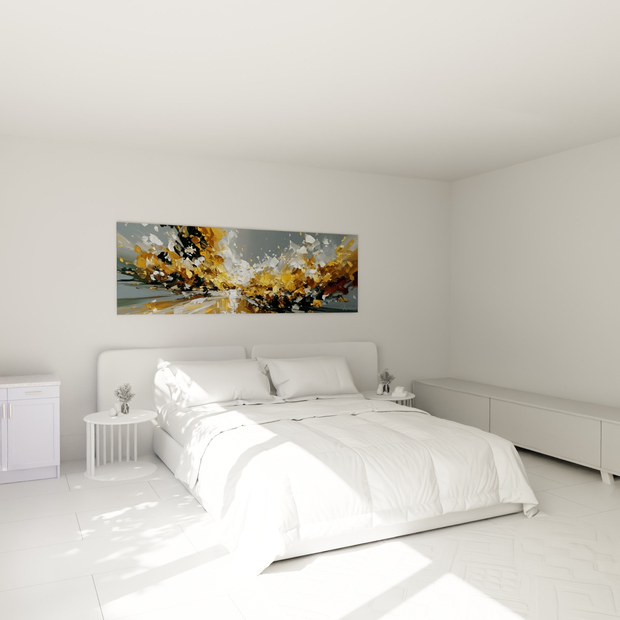 Éclaboussure dorée sur fond anthracite, style Peinture abstrait, au-dessus d'un lit dans une chambre claire