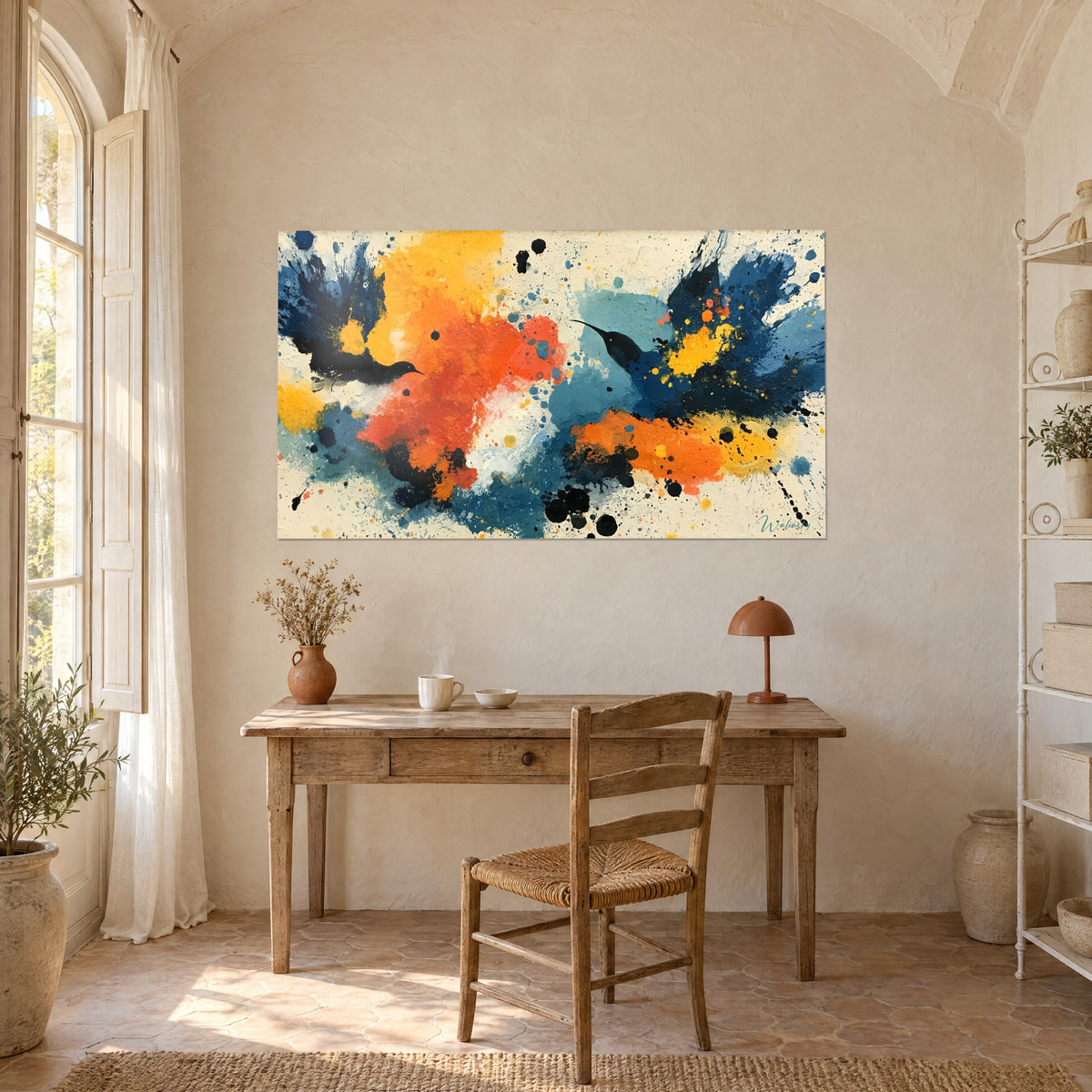 Tableau peinture abstraite à deux colibris noirs, aplats orange, jaune et bleu pétrole, accroché au-dessus d'un bureau en bois