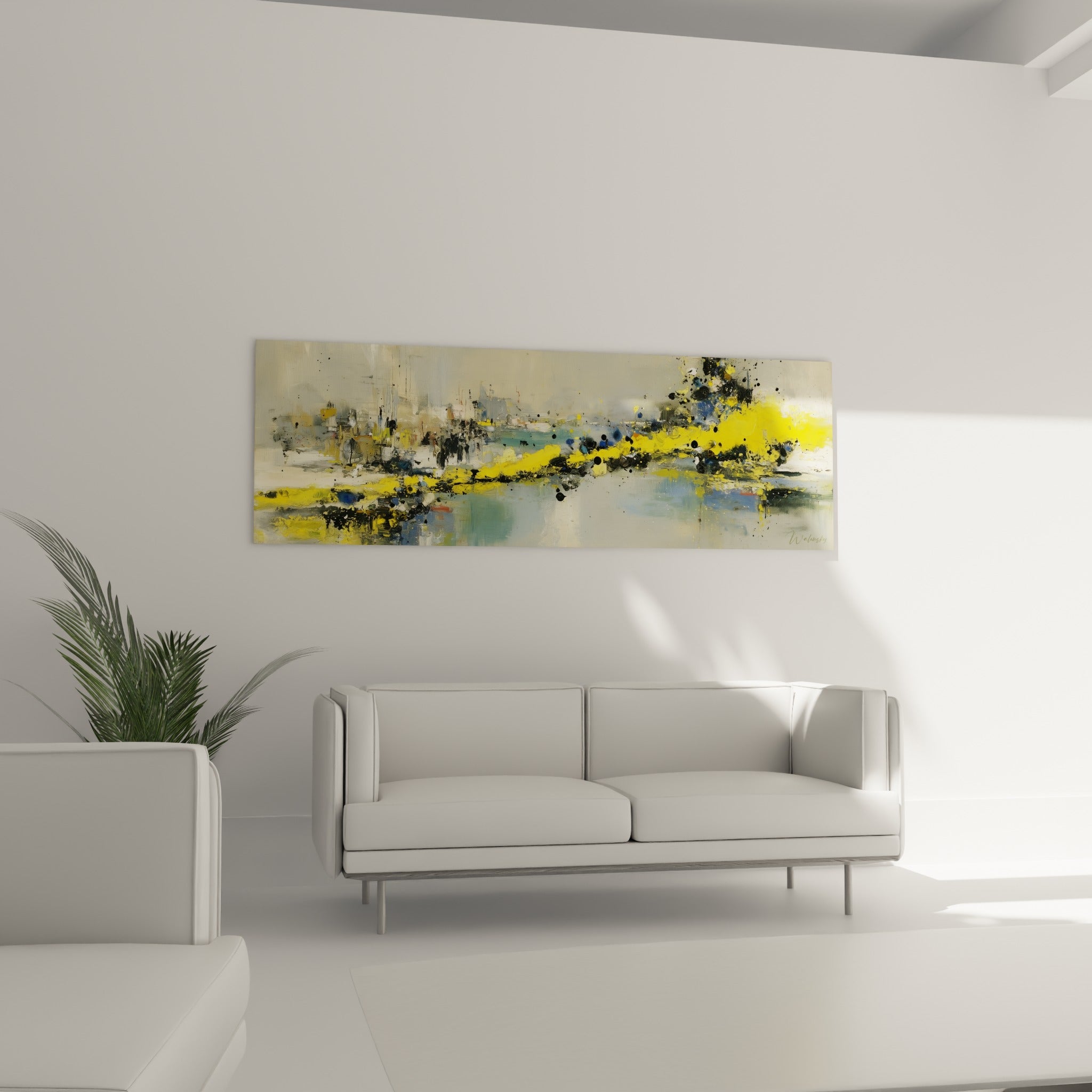 Scène de port en touches jaunes et anthracite, style Peinture abstrait au-dessus d'un canapé dans un salon lumineux