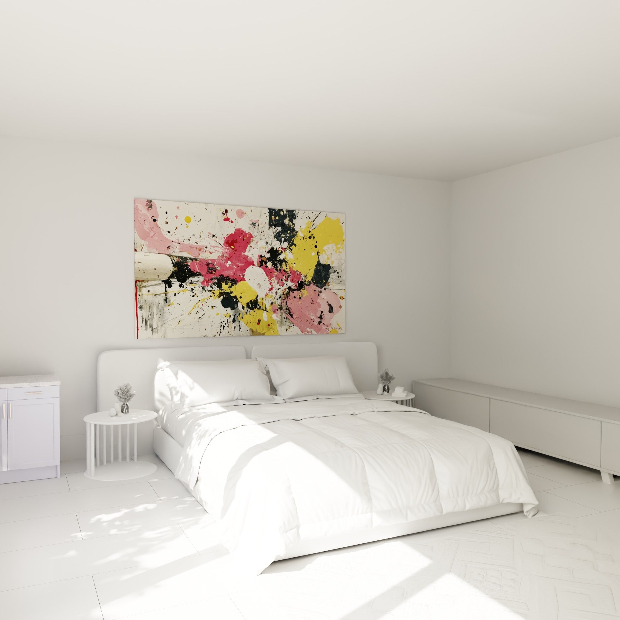 Éclatement rose fauve et anthracite au tube de peinture, au-dessus d'un lit dans une chambre claire