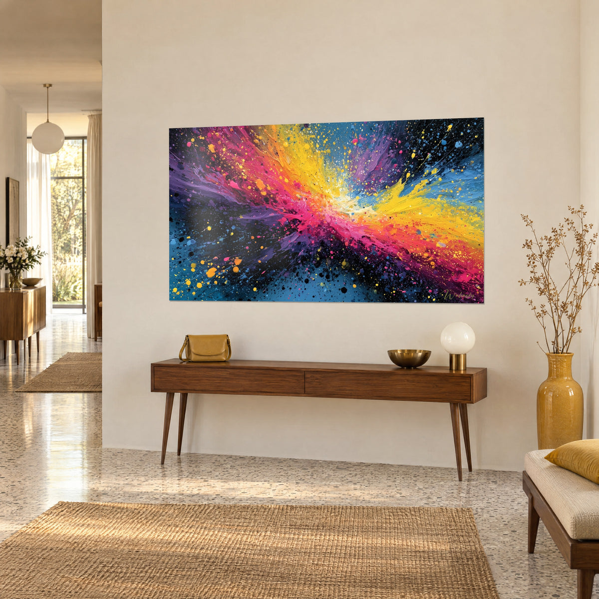 Wall art burst of magenta and gold droplets radiating from a cream heart, violet and blue touches, above a wooden console table