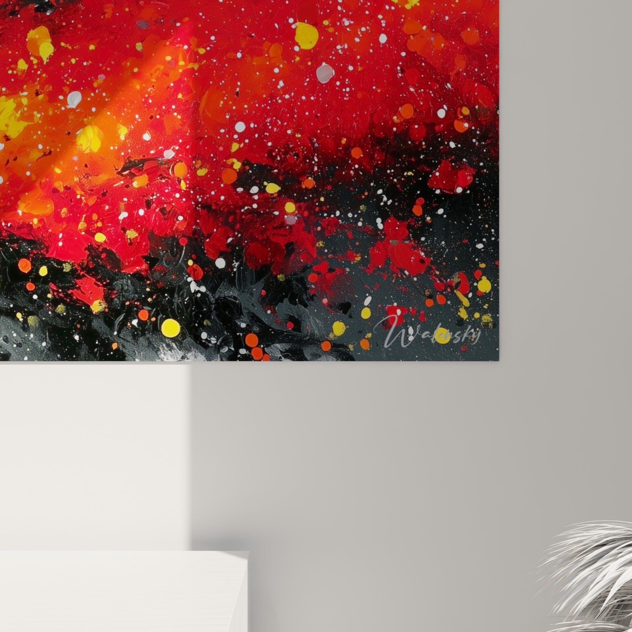 Matière éclaboussée révélant grain rouge, doré et gris, empâtements du style Peinture abstrait visibles de près