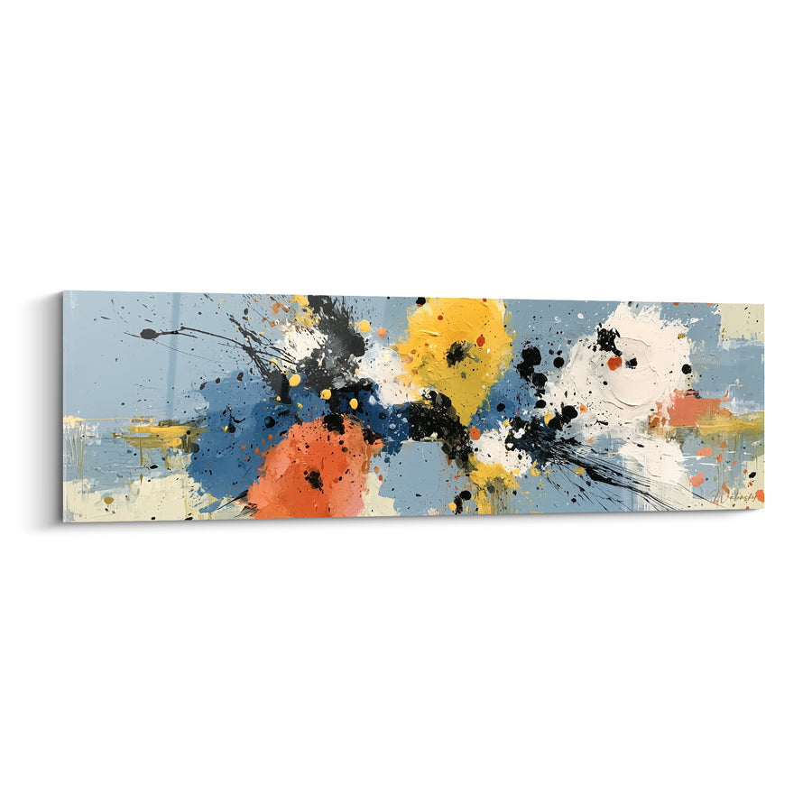Tableau Éclaboussures jaune et bleu sur fond ciel - Taches noires éparses - Edition style Peinture abstrait