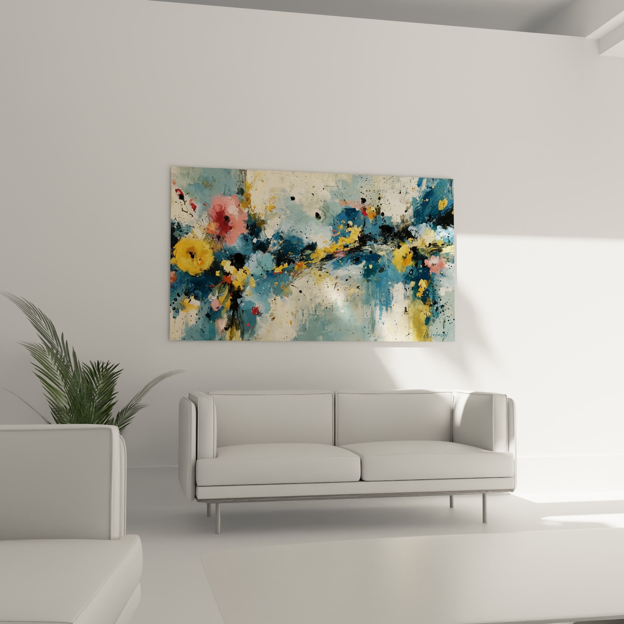Éclaboussures florales jaune doré et anthracite, style Peinture abstrait au-dessus d'un canapé dans un salon lumineux