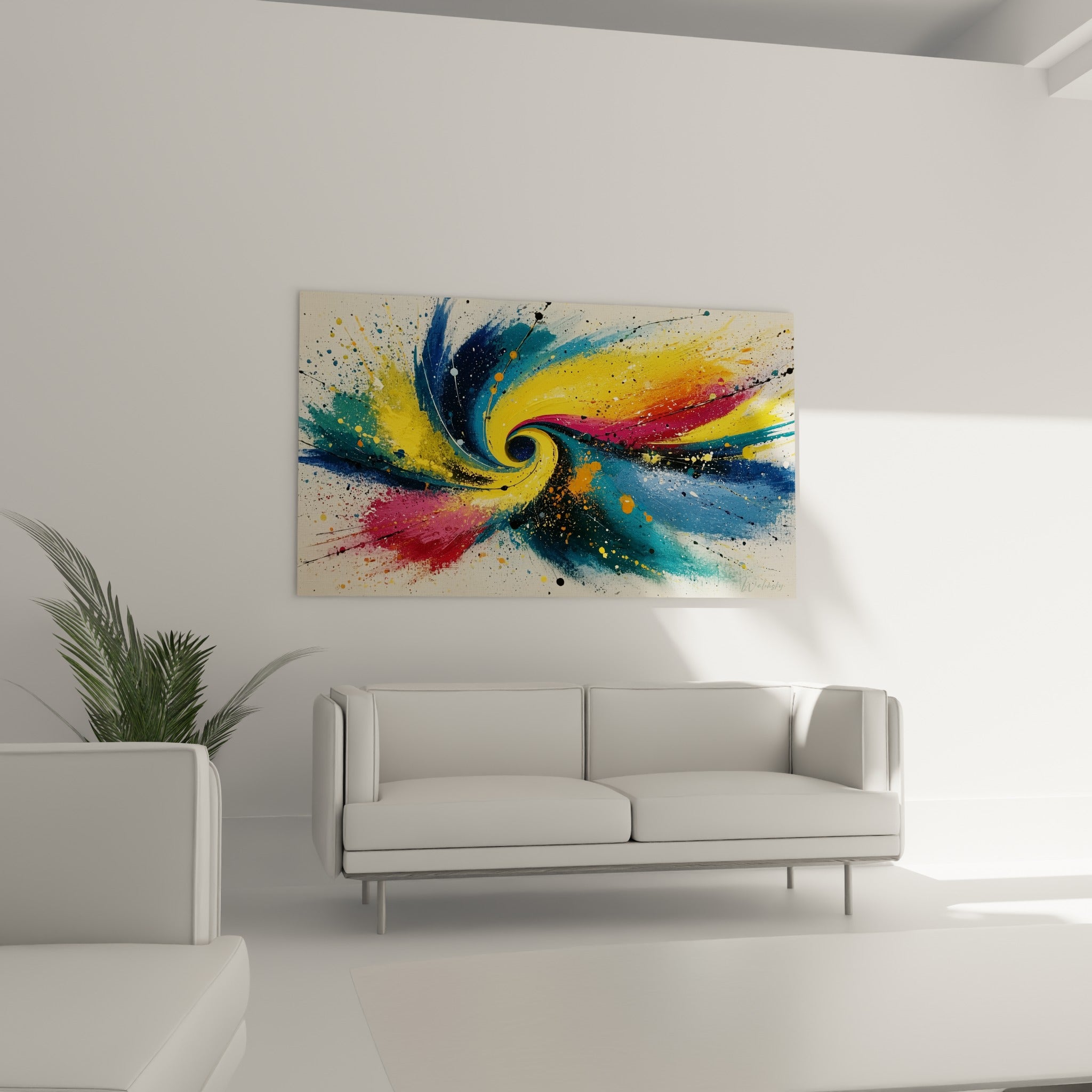 Explosion de couleurs jaune et magenta tourbillonnante au-dessus d'un canapé dans un salon lumineux