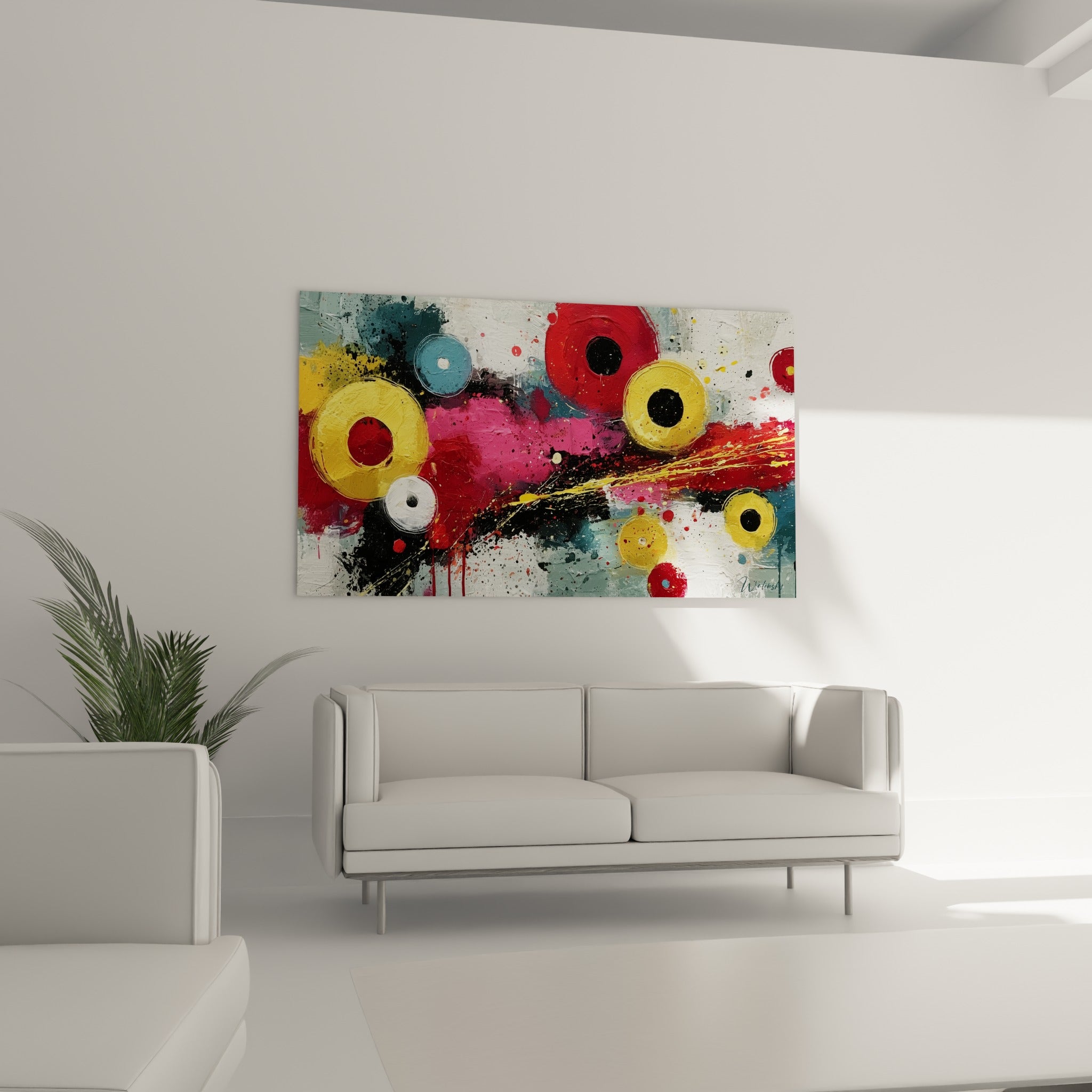 Formes rouges et dorées éclaboussées de noir du style Peinture abstrait au-dessus d'un canapé dans un salon lumineux