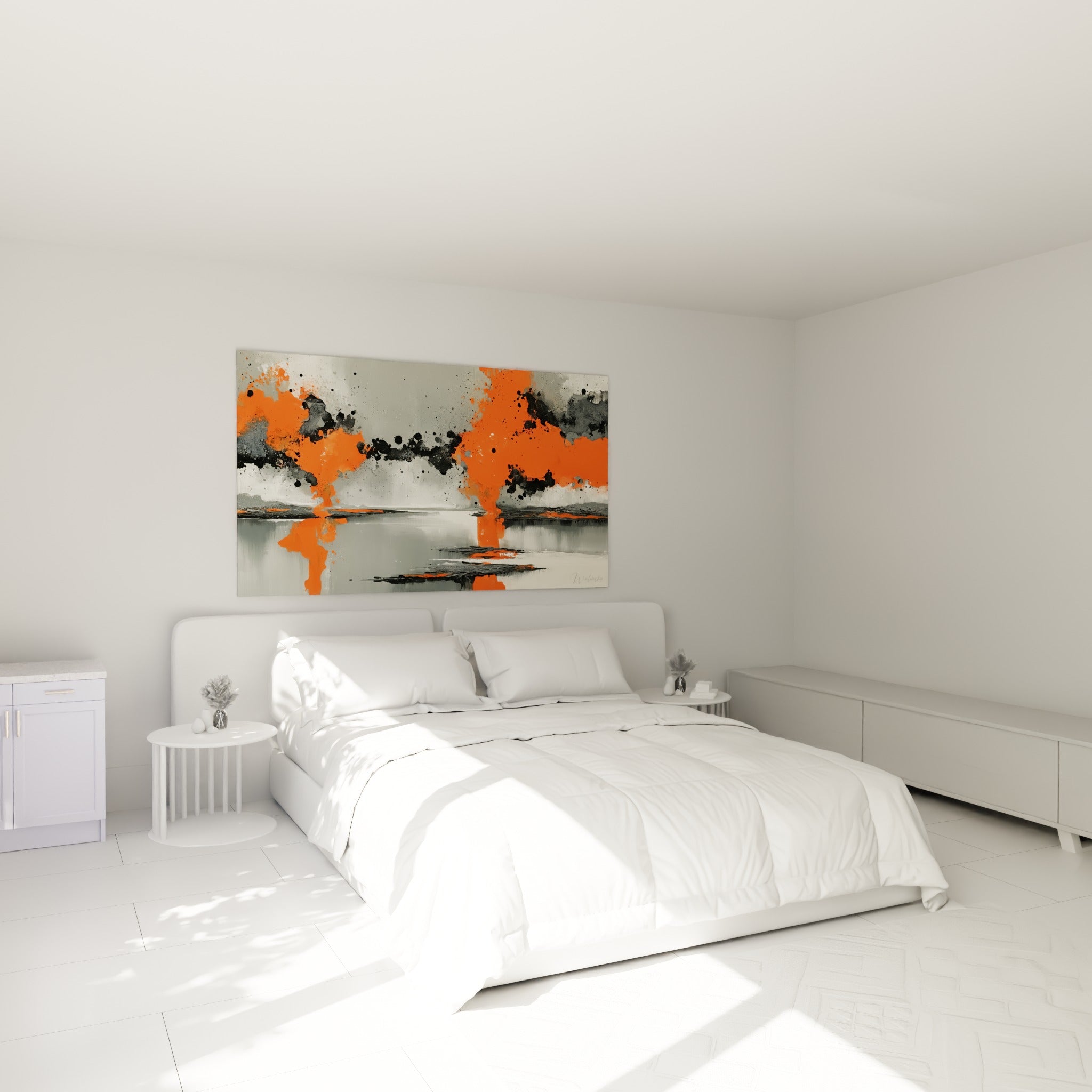 Projections orange vif et gris anthracite d'un style Peinture abstrait, au-dessus d'un lit dans une chambre claire