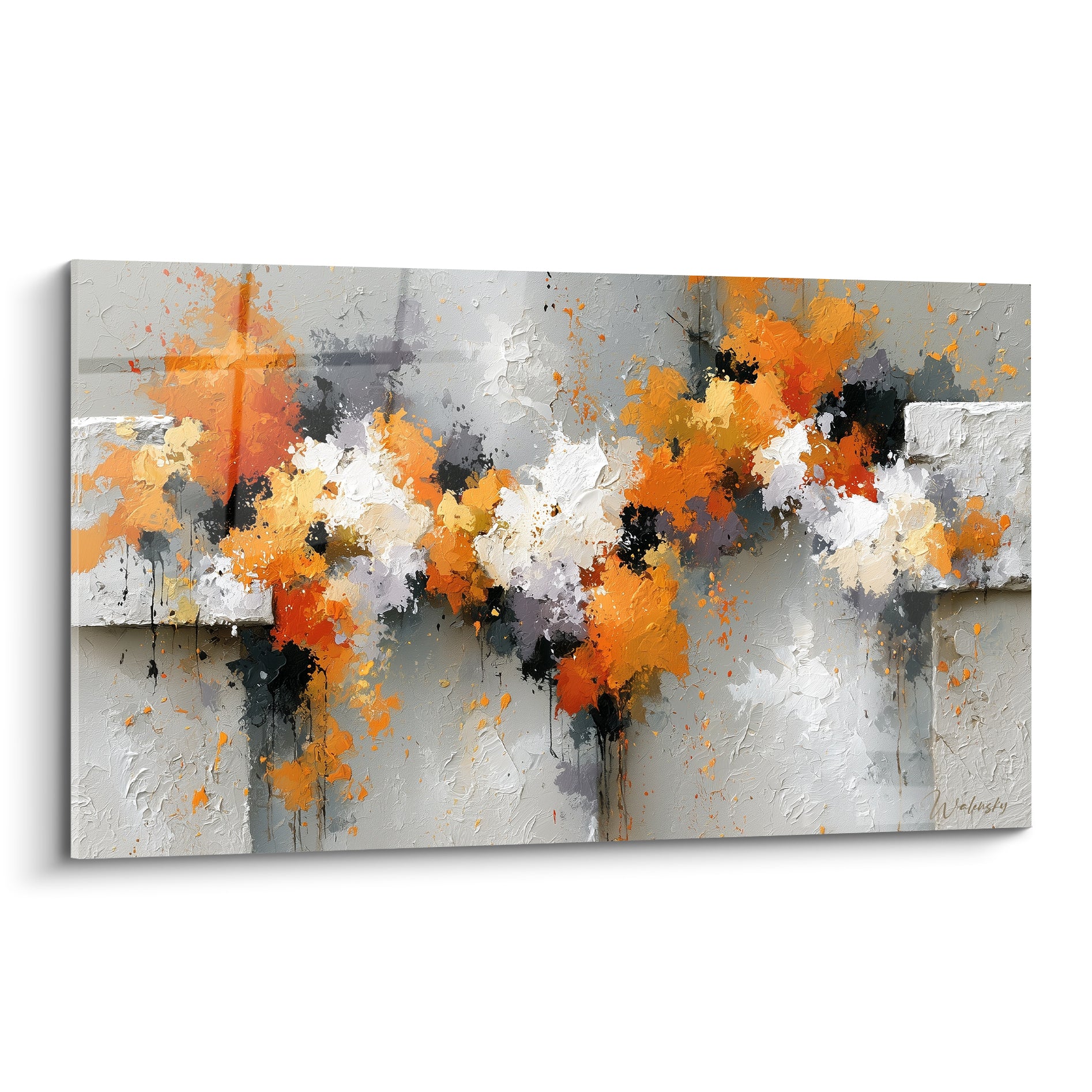 Éclaboussures orange, anthracite et blanc texturé sur fond gris, style Peinture abstrait expressive