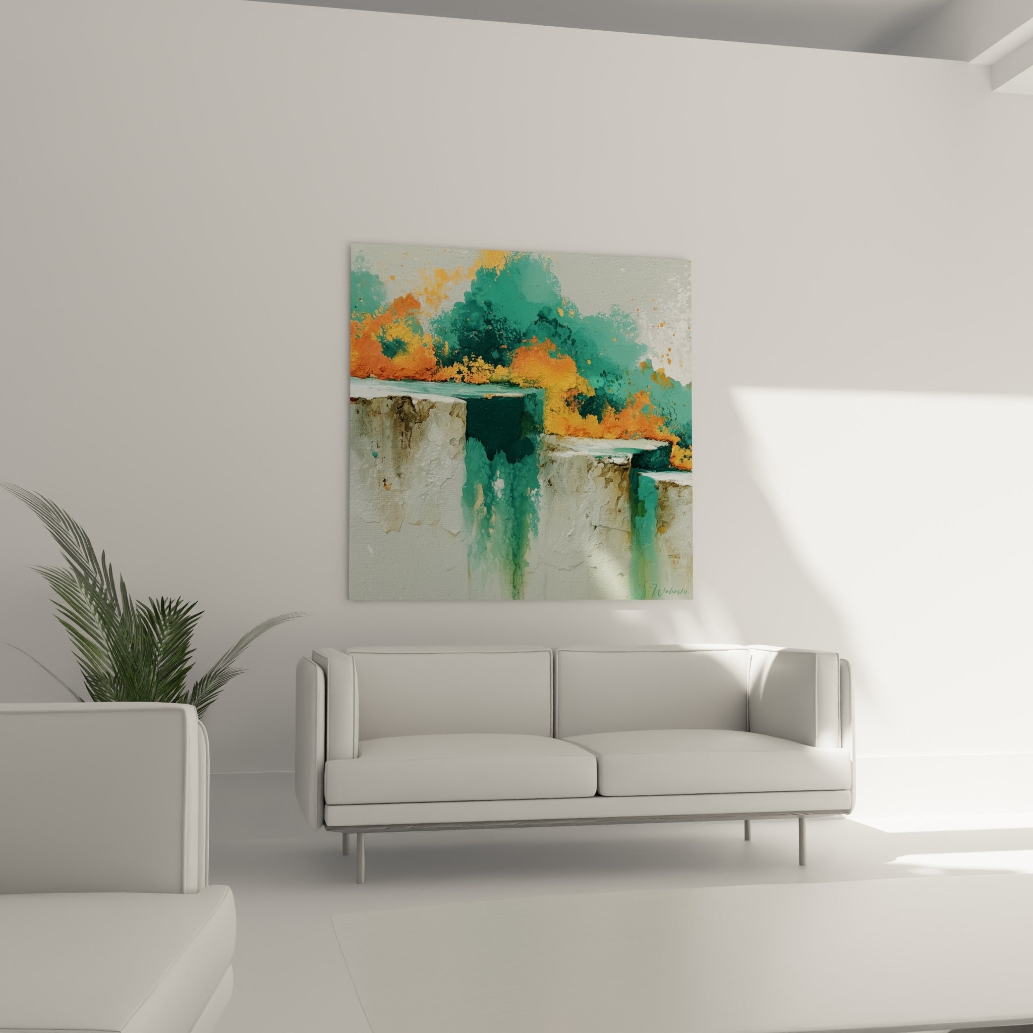 Éclaboussures turquoise et orangées sur roche blanche, style Peinture abstrait au-dessus d'un canapé dans un salon lumineux