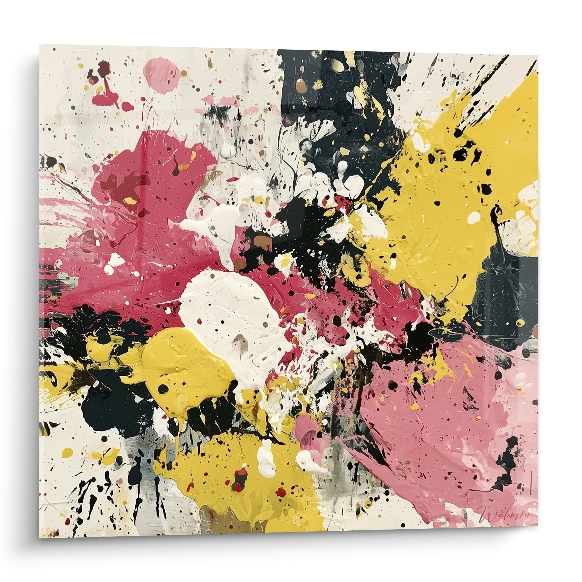 Éclaboussures roses fuchsia et jaunes moutarde en style Peinture abstrait sur fond blanc crème