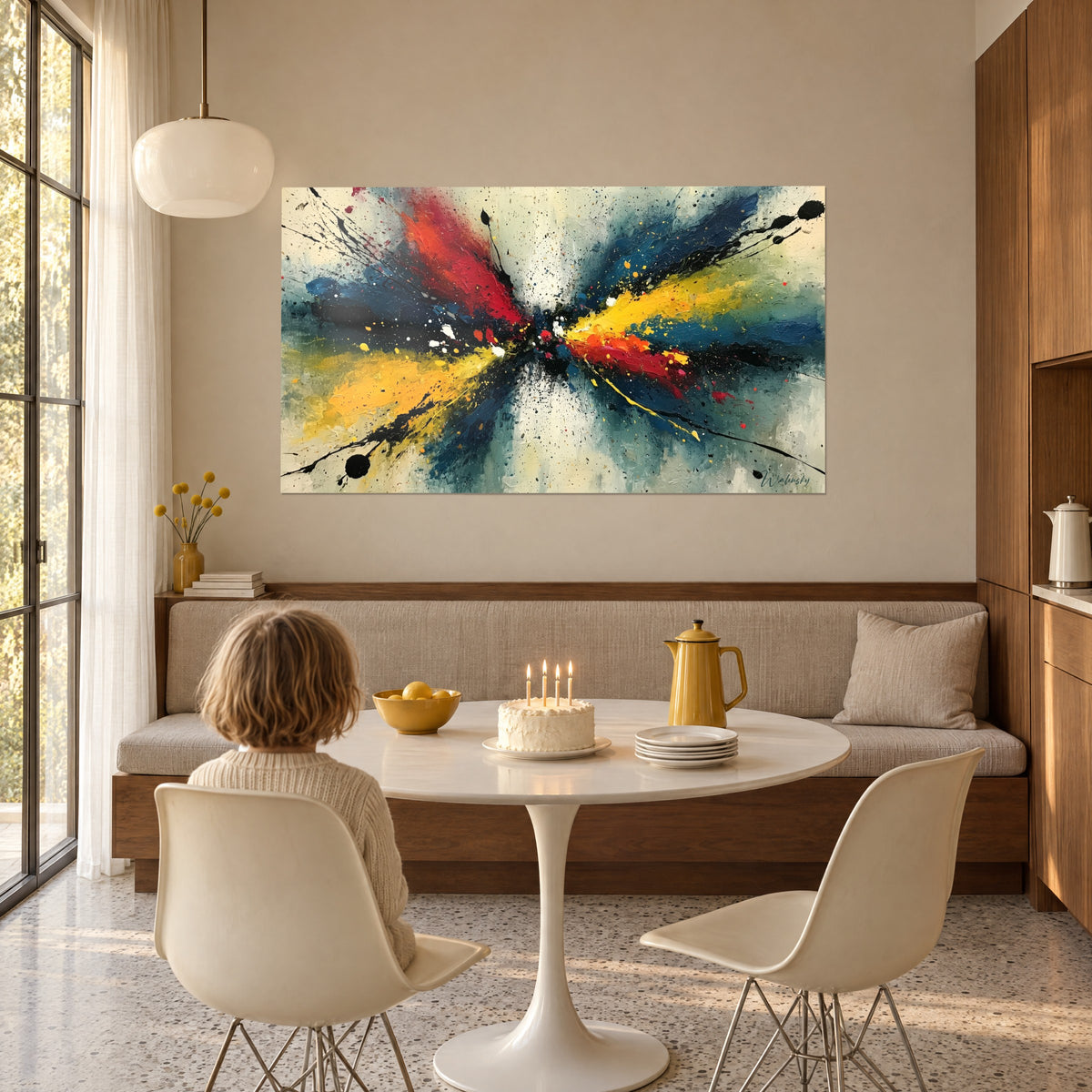 Tableau choc de couleurs en spatule, rouge vif et jaune citron sur bleu canard, près d'une table ronde avec gâteau d'anniversaire