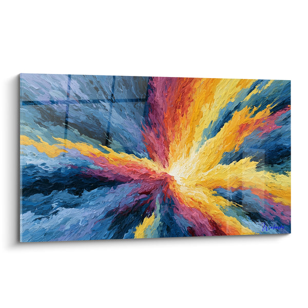 Tableau Éclat rayonnant bleu et orangé au centre blanc - Point de convergence lumineux - Edition style Peinture abstrait