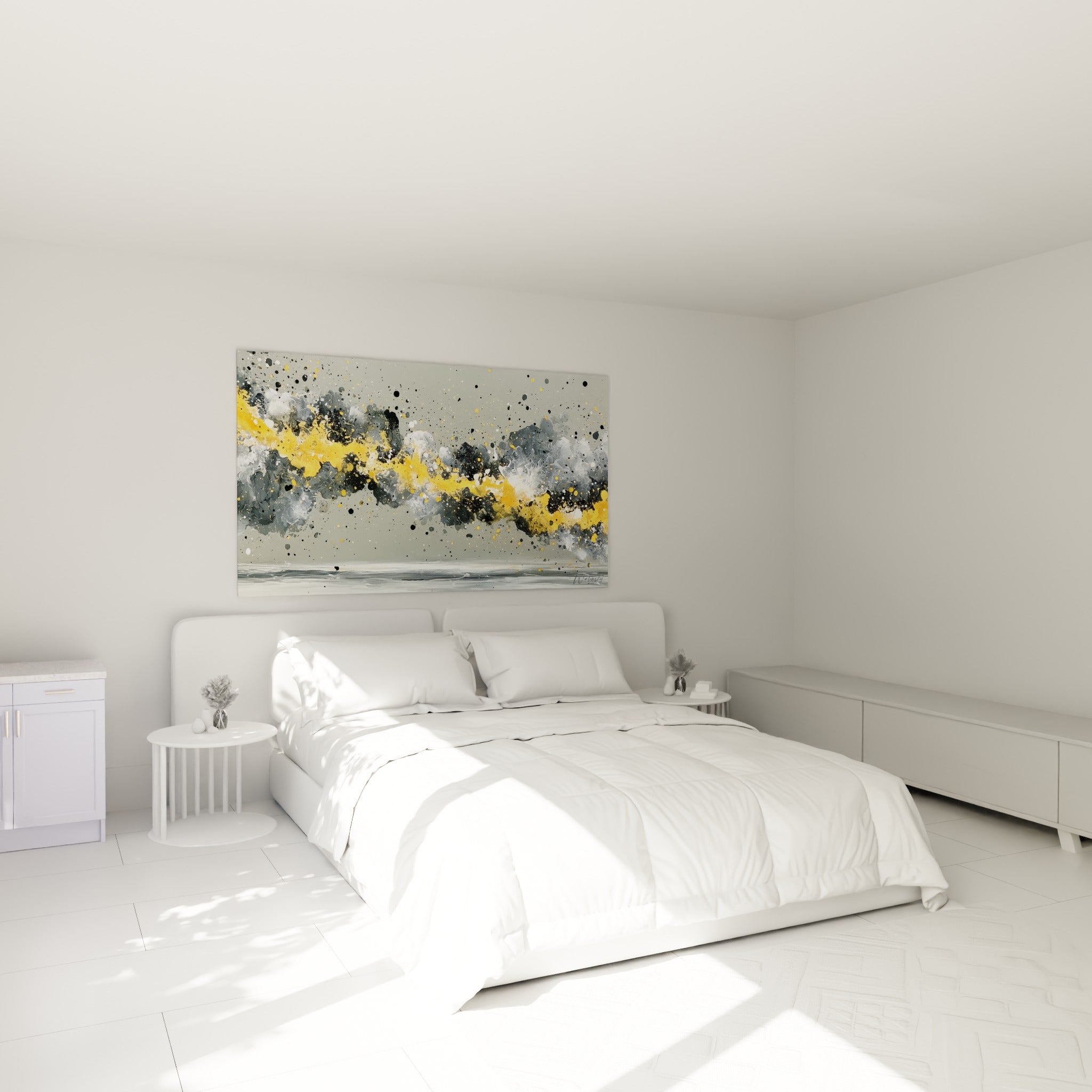 Éclat doré et gris anthracite du style Peinture abstrait, au-dessus d'un lit dans une chambre claire