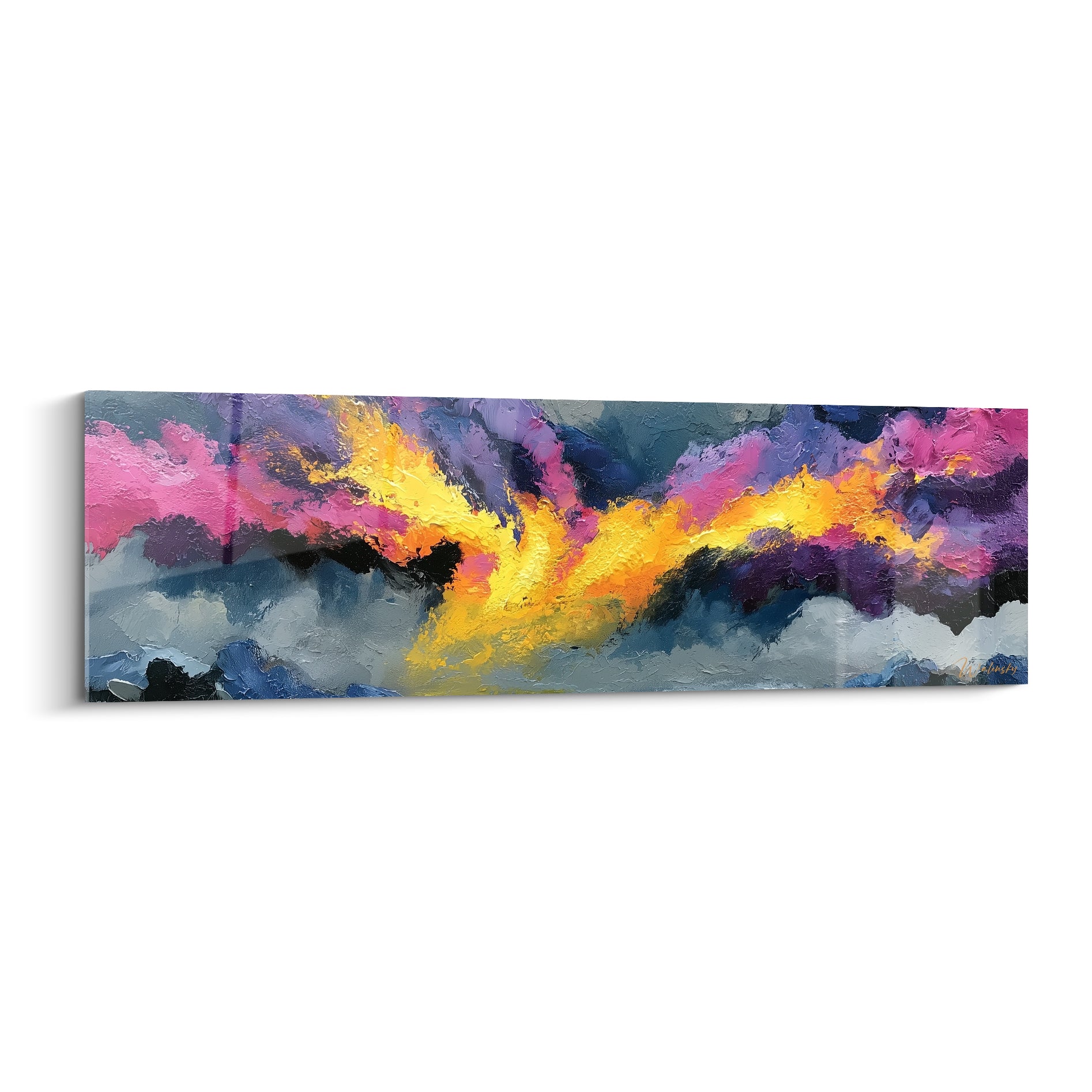 Éclat doré traversant des nuages violets et anthracite, tableau style Peinture abstrait au couteau